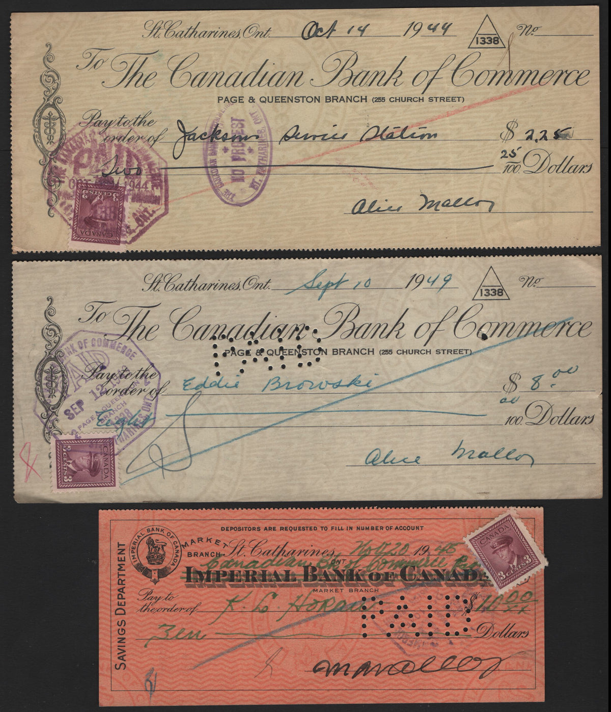 Lot 32 Canada #252 3c Rose Purple, 1944, 1945 & 1949 Cheques, 3 Very Fine Used Cheques, Used As Revenue Stamps