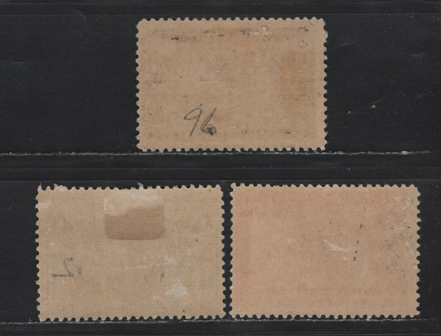 Lot 29 Canada #96-98 1/2c - 2c Black - Carmine Rose, 1908 Quebec Tercentenary Issue, 3 FOG Singles, Unchecked As To Paper Types & Perfs