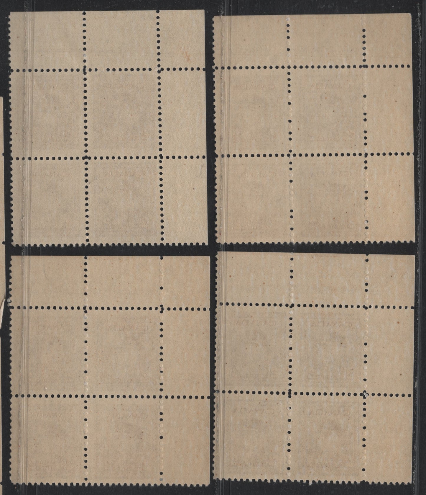 Lot 294 Canada #250 2c Brown - Deep Brown, 1942-1943 War Issue, 4 FNH UL Plate 2 Blocks Of 4, Cutting Guidelines At Top, Unchecked As To Exact Papers & Perfs