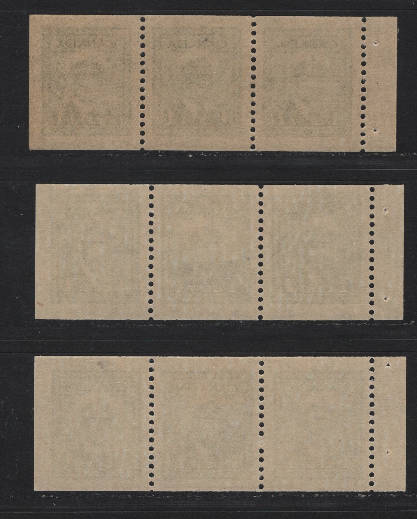 Lot 384 Canada #249c 1c Green - Bluish Green, 1942-1943 War Issue, 3 VFOG Booklet Panes Of 3, Different Papers, Includes 2 On Vertical Wove (Both Shades) & One On Horizontal Ribbed Paper