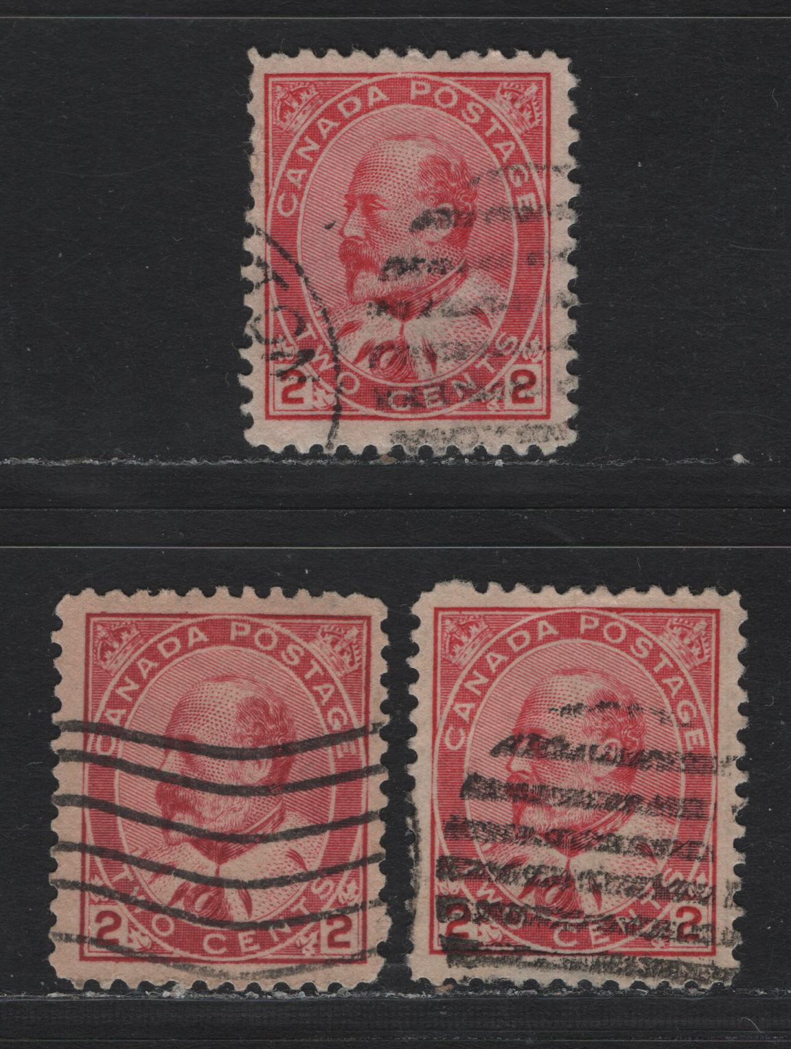 Lot 6 Canada #90e 2c Rose Carmine - Carmine Rose, 1903-1908 King Edward VII Issue, 3 Very Good/Fine Used Singles, Various Papers & Perfs