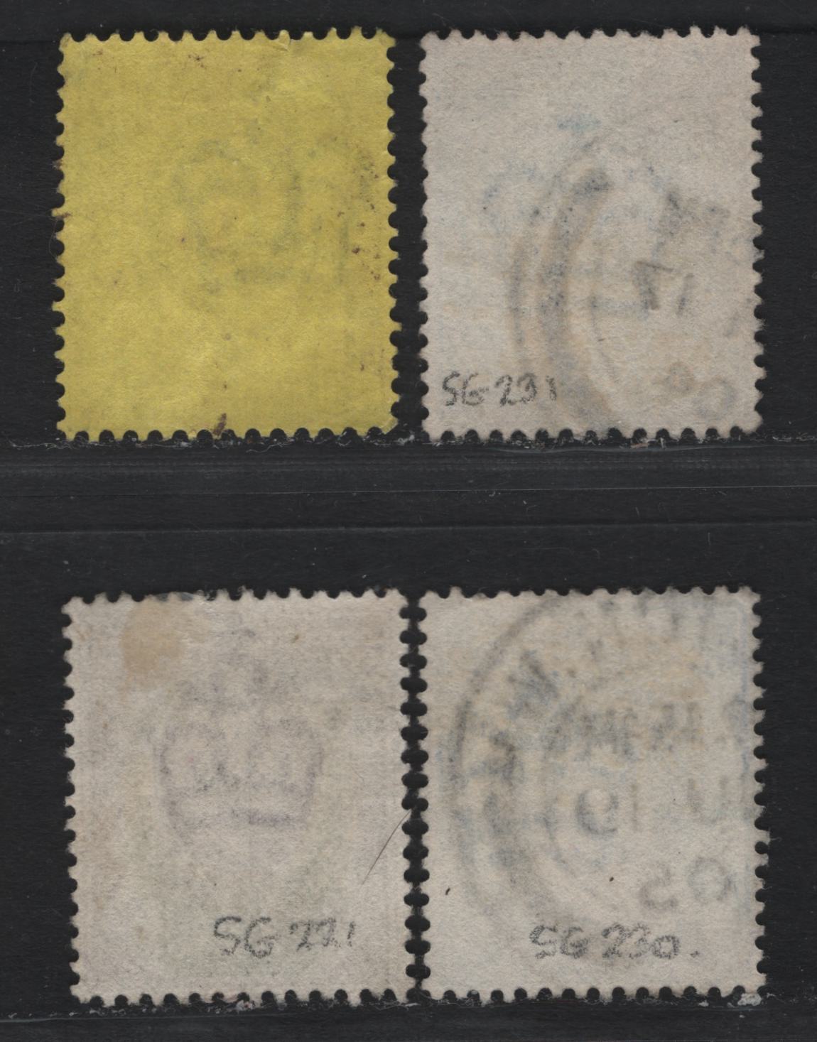 Lot 128 Great Britain SG#222, 230-231, 232b 1.5d - 3d Slate Purple & Green - Deep Purple on Orange Yellow, 1902-1910 King Edward VII Issue, 4 Fine/Very Fine Used Singles, De La Rue Printing, Ordinary Paper, Light Diagonal Corner Crease On 2.5d.