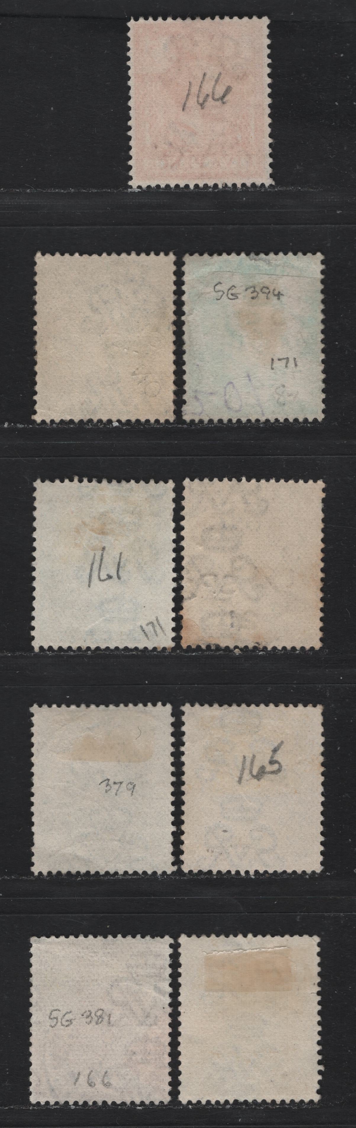 Lot 156 Great Britain (C) SG#378. 380. 382. 386-387. 394-a, 395 4d - 1/- Pale Gray Green - Bistre, 1913-1924 KGV Profile Heads Issue, 9 Very Fine Used Singles