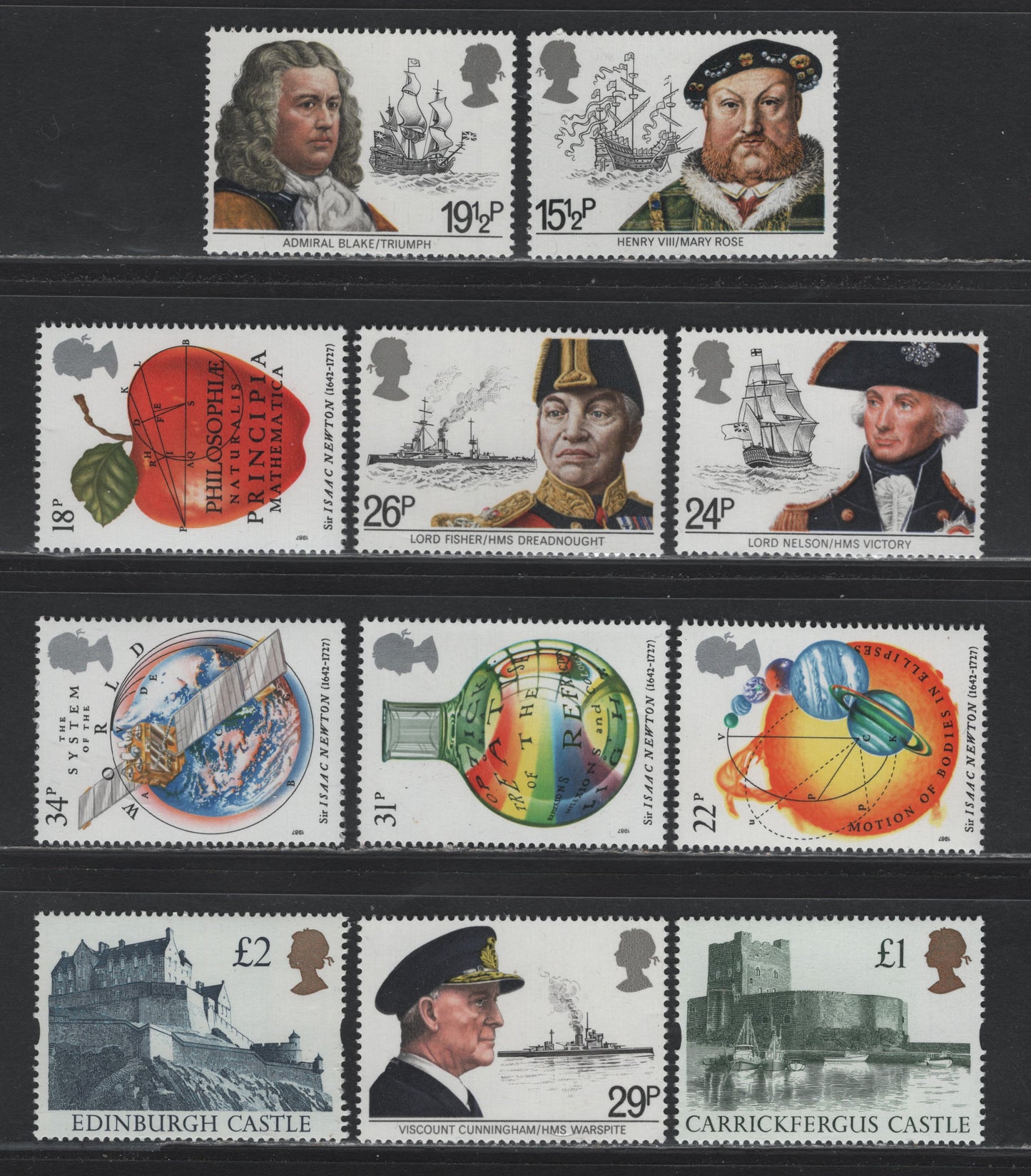 Lot 212 Great Britain SG#991-995, 1172-1175, 1445, 1447 15.5p - £2 Multicolored - Indigo , 1982 Naval Vessels - Castle Issues, 11 VFNH Singles