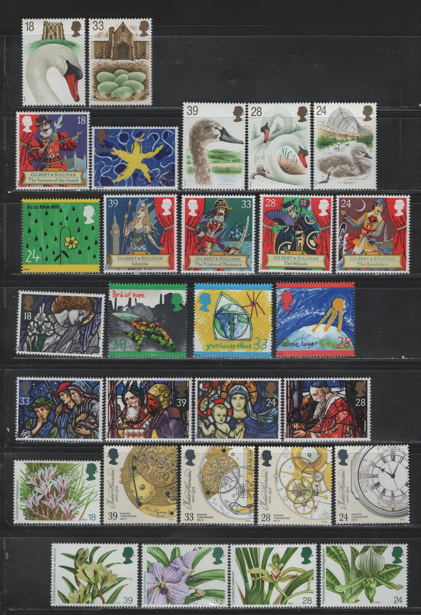 Lot 239 Great Britain (C) SG#1624-1643, 1654-1657, 1659-1663 18p - 39p Multicolored, 1992-1993 Gilbert & Gullivan - Orchid Conference Issues, 29 VFNH Singles