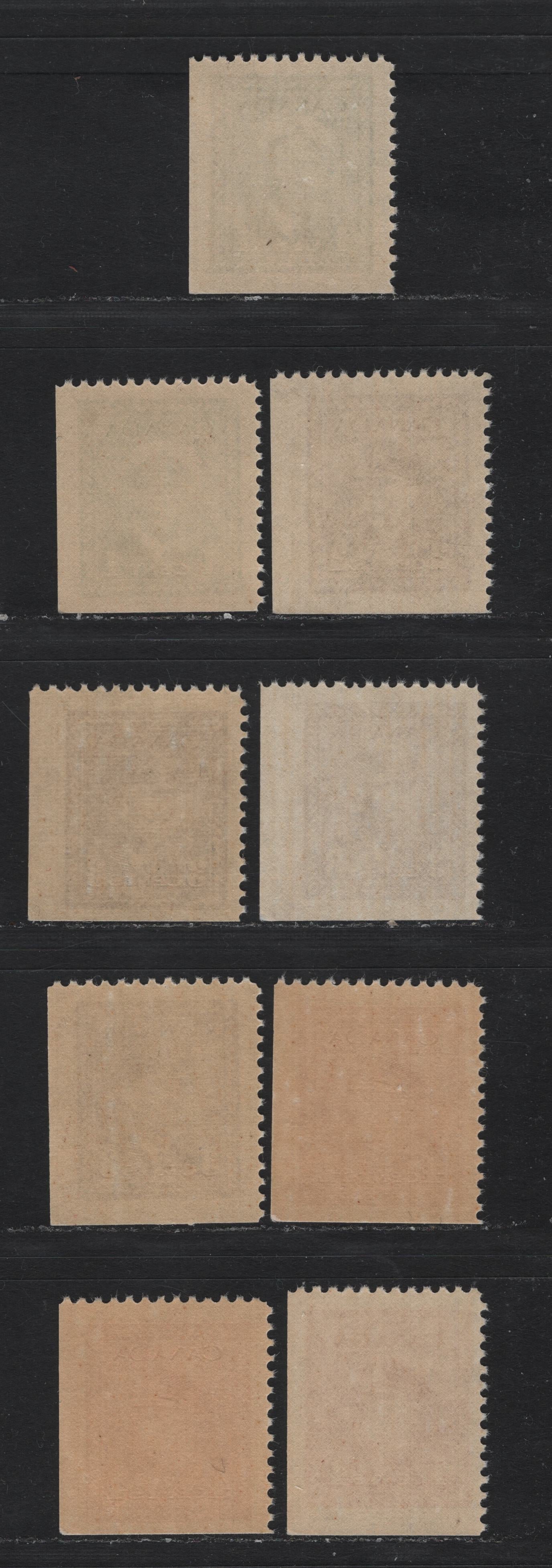 Lot 258 Canada #249as, 250as, 252as, 254as 1c - 4c Green - Carmine Red , 1942-1943 KGVI War Issue, 9 VFNH Corner Booklet Singles, From Panes Of 6 Or 4+2 Labels, All Different With Respect To Paper/Gum Or Shade