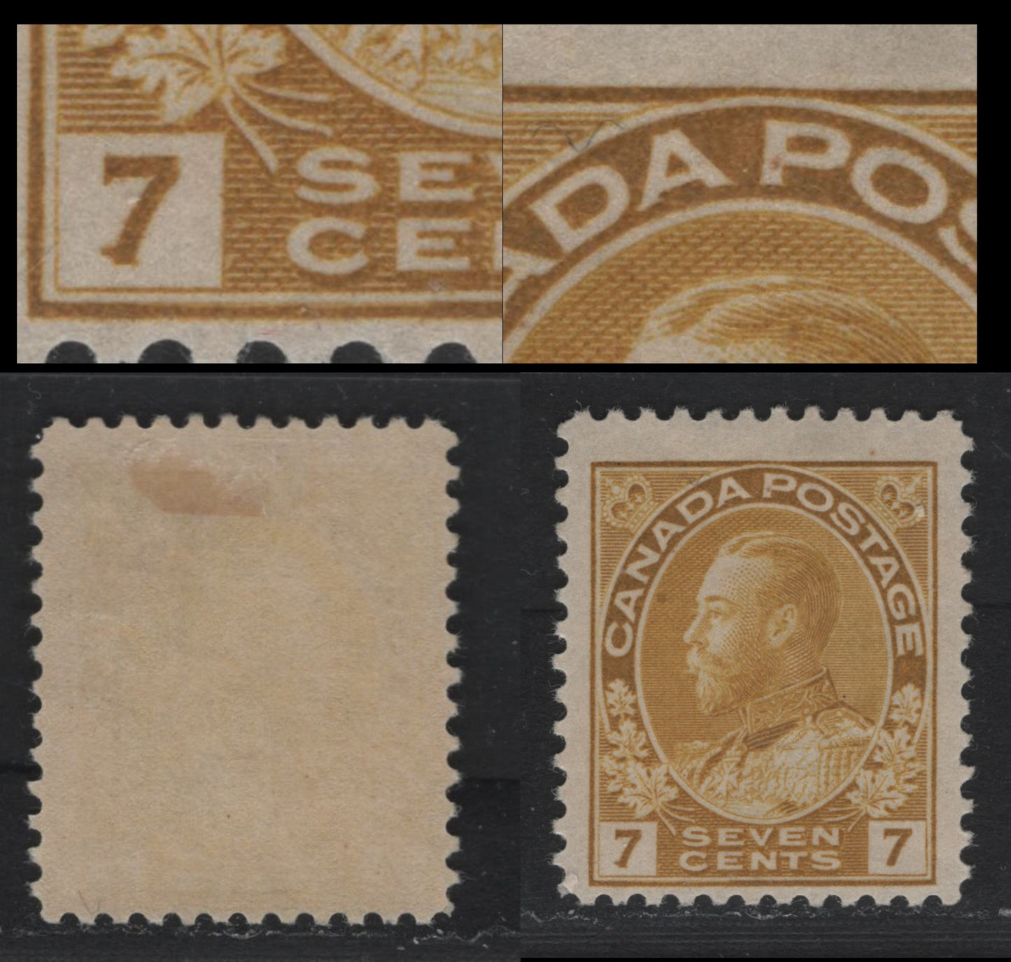Lot 25 Canada #113 7c Yellow Ochre , 1911-1925 KGV Admiral Issue, A FOG Single, ABN-E Paper, Showing Dot In P Of Postage & Projection At Base Of Left 7, Normal Frameline, Perf 12x11.9.
