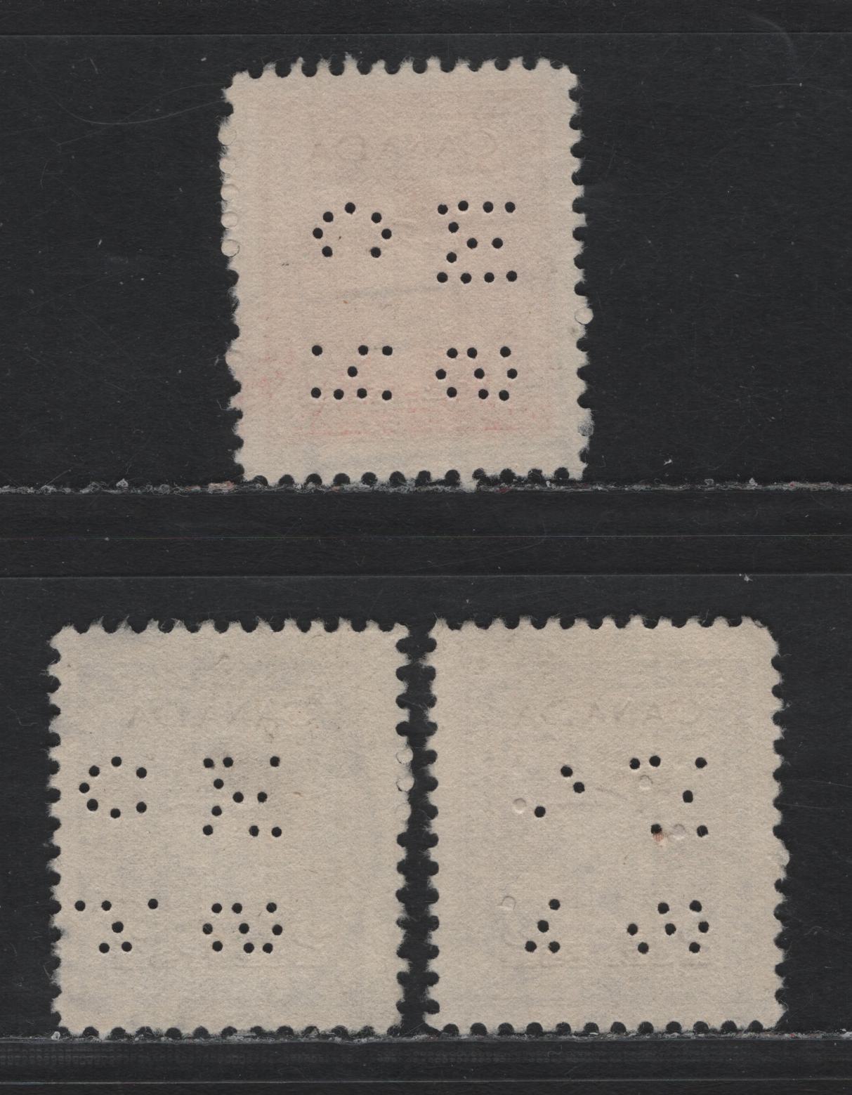 Lot 292 Canada SC#O9-250, O9-254, O9-255 2c, 4c Brown, Carmine Red King George VI, 1942-1949 War Effort Issue, 3 Fine & VF Used Singles 4-Hole OHMS Perfins From Position 4, Original & Revised Dies, All Showing Different Missing Holes Due to Broken Pins