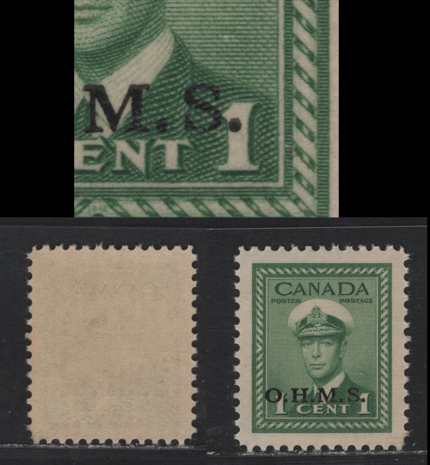 Lot 296 Canada SC#O1 1c Green King George VI, 1942-1949 War Effort Issue, A VFNH Single OHMS Overprint Showing Weak "S"