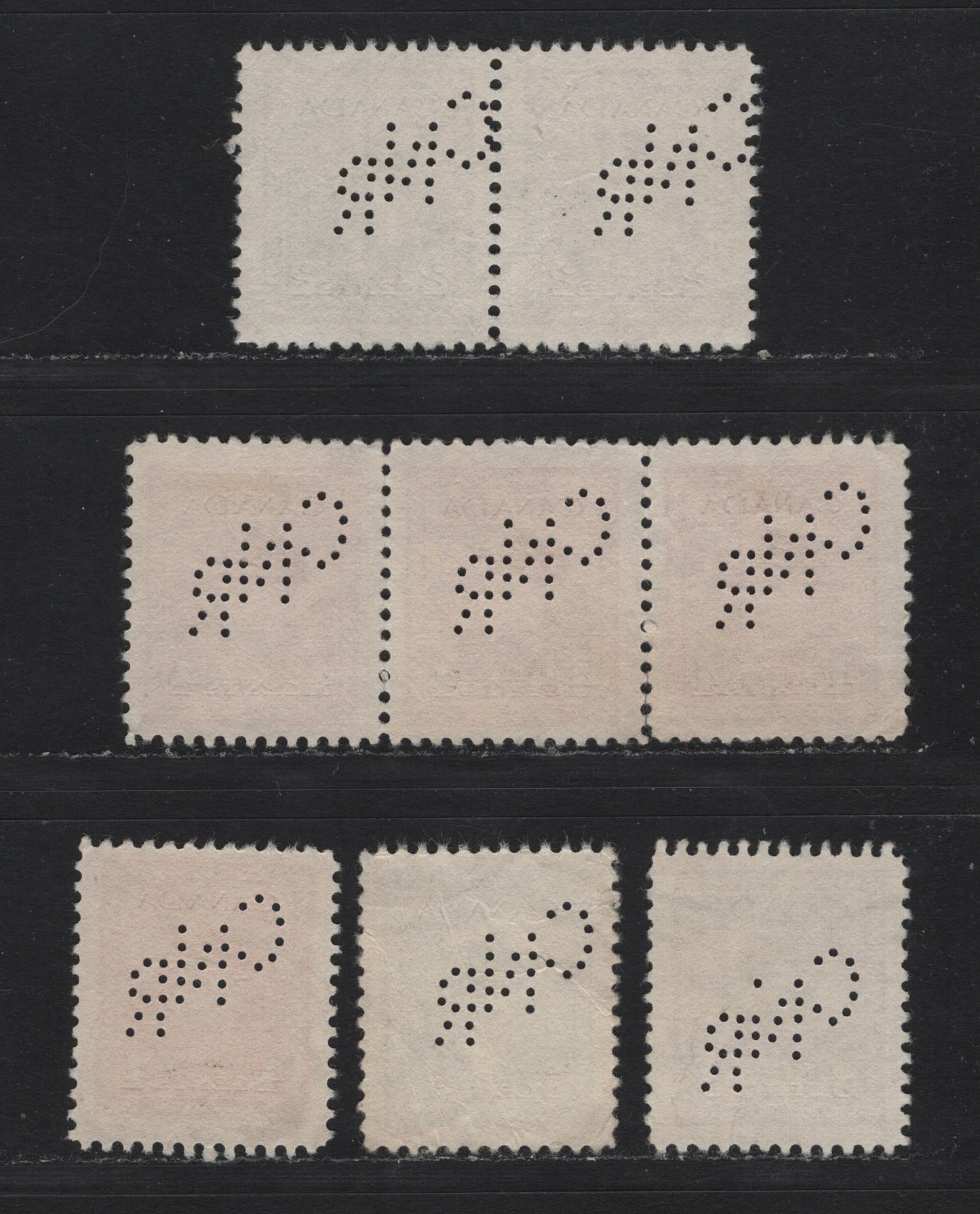 Lot 325 Canada #250var, 252var, 254var, 255var 2c - 5c Brown - Blue , 1942-1943 KGVI War Issue, 5 Fine/Very Fine Used Singles, Pairs & Strips Of 3, Winnipeg CNR Perfin Pos. 1, The 4c Strip & Single Are Printed In Slightly Different Shades
