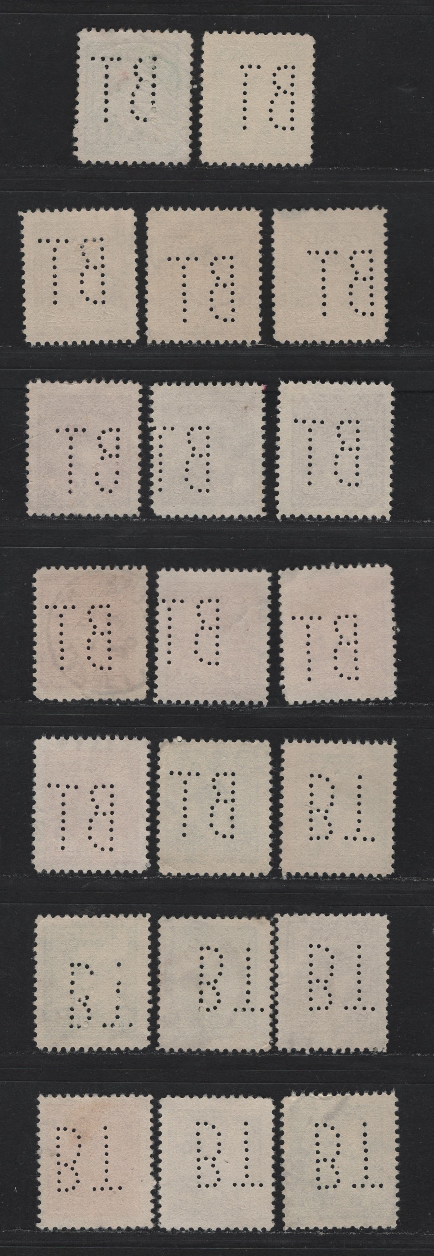 Lot 334 Canada #249var/255var 1c - 5c Green - Blue , 1942-1943 KGVI War Issue, 20 Fine Used Singles, Bell Telephone Perfins From Pos. 1 & 3, Including Shade & Paper Variations