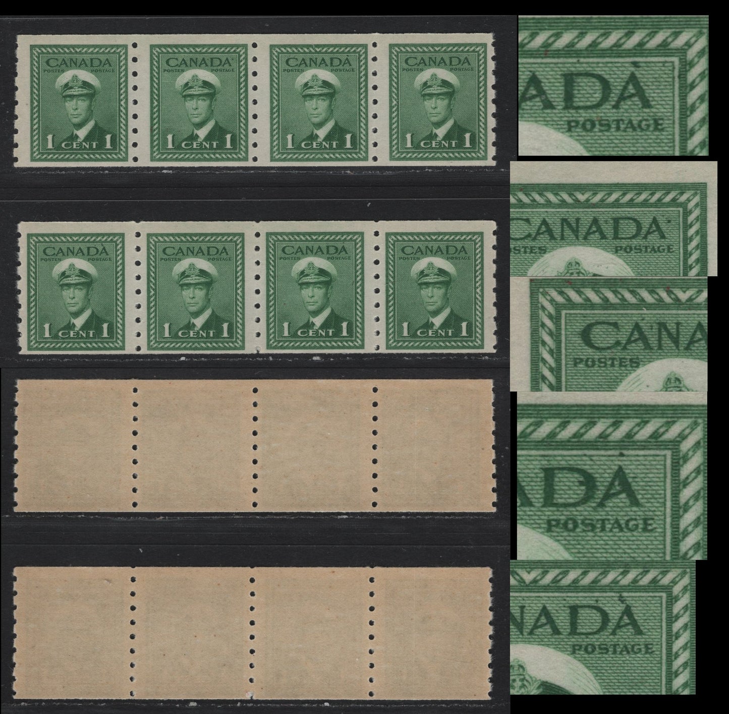Lot 337 Canada #263var 1c Deep Bluish Green , 1942-1943 KGVI War Issue Coils, 2 FNH Coil Strips Of 4, Perf 8 Vertical, Vertical Wove Paper With Deep Yellowish Satin Gum, Showing Over Inking Affecting The Design Around Canada.