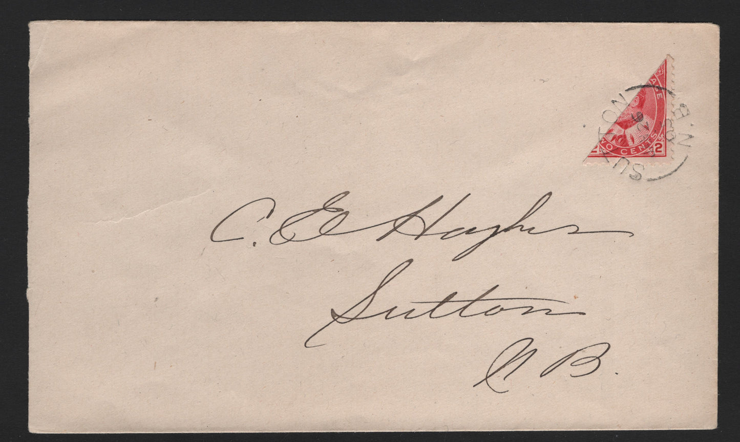 Lot 10 Newfoundland #90var 2c Carmine , 1903-1908 King Edward VII Issue, A Very Fine Used Cover, Unauthorized Bisect Used On A Philatelic Drop Cover Within Sutton, NB June 26 1905, The Split Ring Cancel Completely Tying The Stamp To The Cover