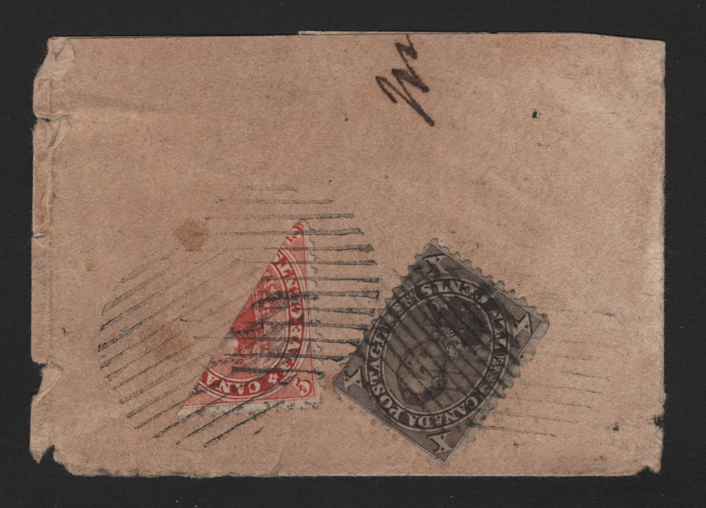 Lot 11 Newfoundland #15b 5c Beaver , 1859-1864 First Cents Issue, A Very Fine Used Cover, Unauthorized Diagonal Bisect On Cover Fragment Faintly Tied By Two Faint Strikes Of 14-Bar Dumb Circular Grid Cancel, With A Damaged 10c Violet Prince Consort