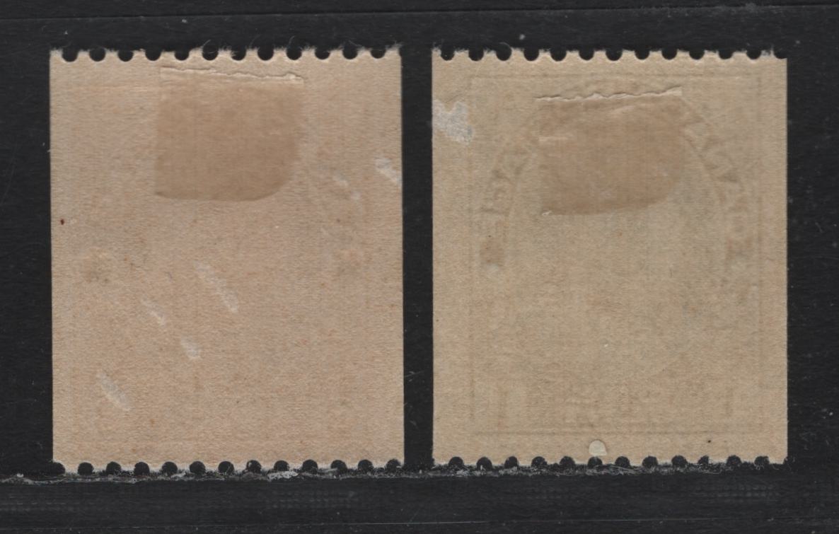 Lot 227 Canada #131, 134 1c - 3c Dark Yellow Green - Dark Brown, 1915-1924 KGV Admiral Coil Issue, 2 VFOG Singles, ABN-B & ABN-E Papers, Perf 12 Horizontal, Retouched Frameline.