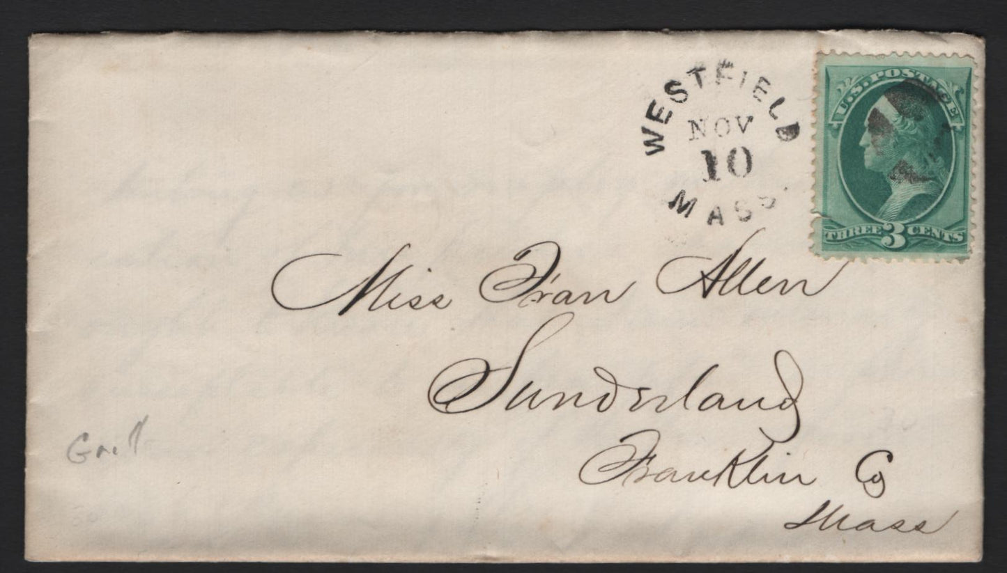 Lot 35 United States SC#136 3c Green , 1870-1871 National Bank Note Company Issue, A Very Fine Used Cover, H-Grill, Used On November 1873 Letter From The Fran Allen Correspondence