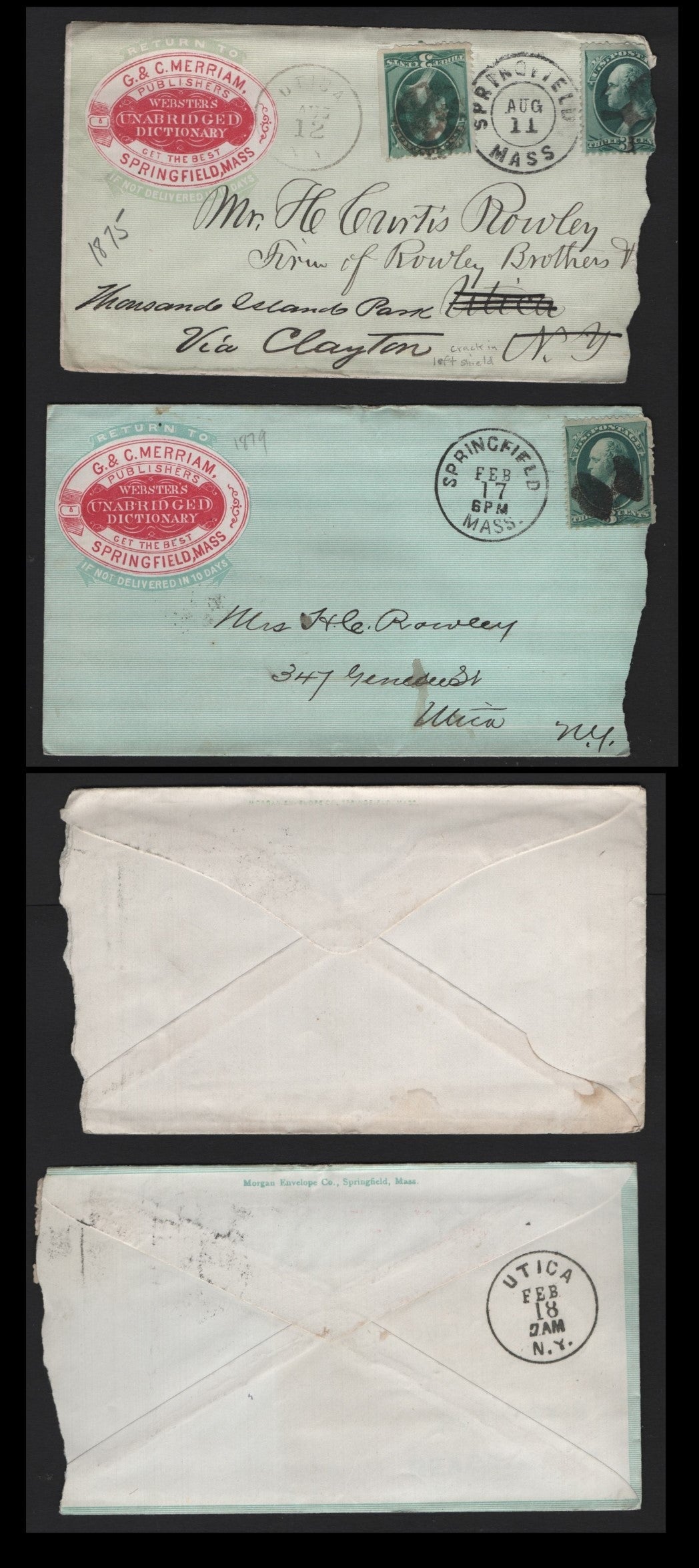 Lot 41 United States SC#158 3c Deep Green , 1870-1871 Large Banknote Issue, A Very Good Used Cover, Two Mirriam Webster Dictionary Advertising Covers, Printed With Yellow Green Overlay & Bluish Green Overlay Patterns, Roughly Opened.