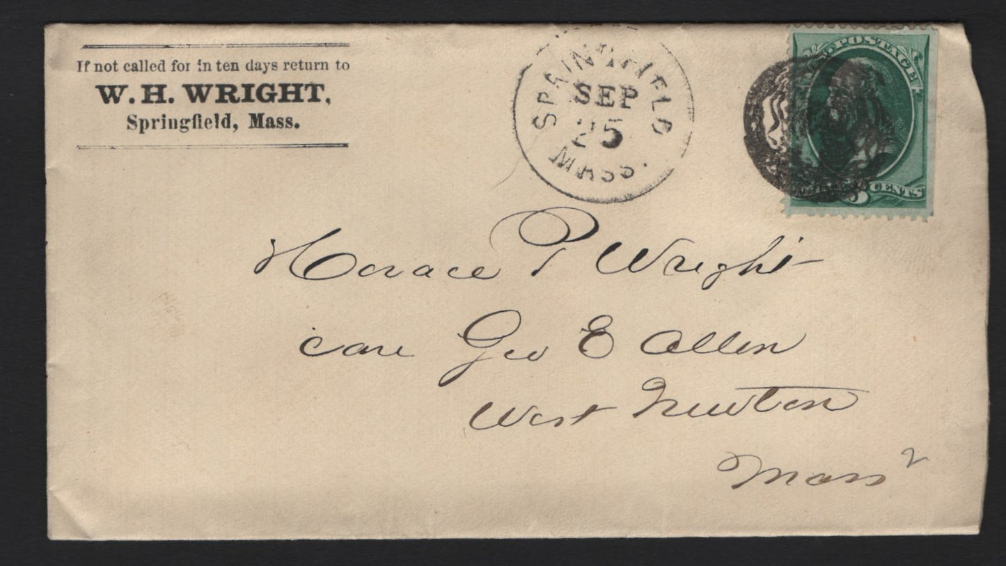Lot 46 United States SC#158 3c Green , 1870-1871 Large Banknote Issue, A Very Fine Used Cover, Wright Corner Card Cover, Negative Animal Duplex Cancel From Springfield, Mass