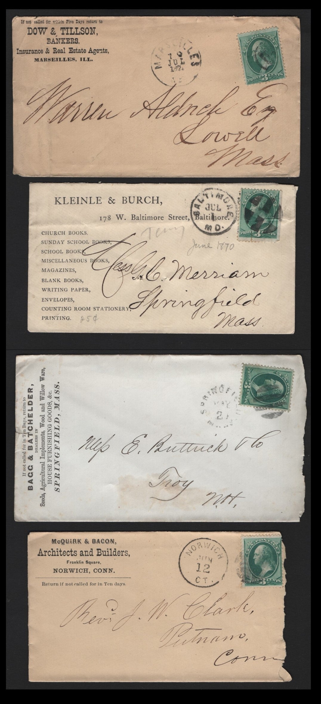 Lot 52 United States SC#158 3c Green , 1870-1871 Large Banknote Issue, 4 Very Good/Fine Used Covers, Corner Card Advertising Covers, Kleinle & Burch Cover Has A Horizontal Crease & The Dow & Tillson Cover Has A Small Corner Crease At UL