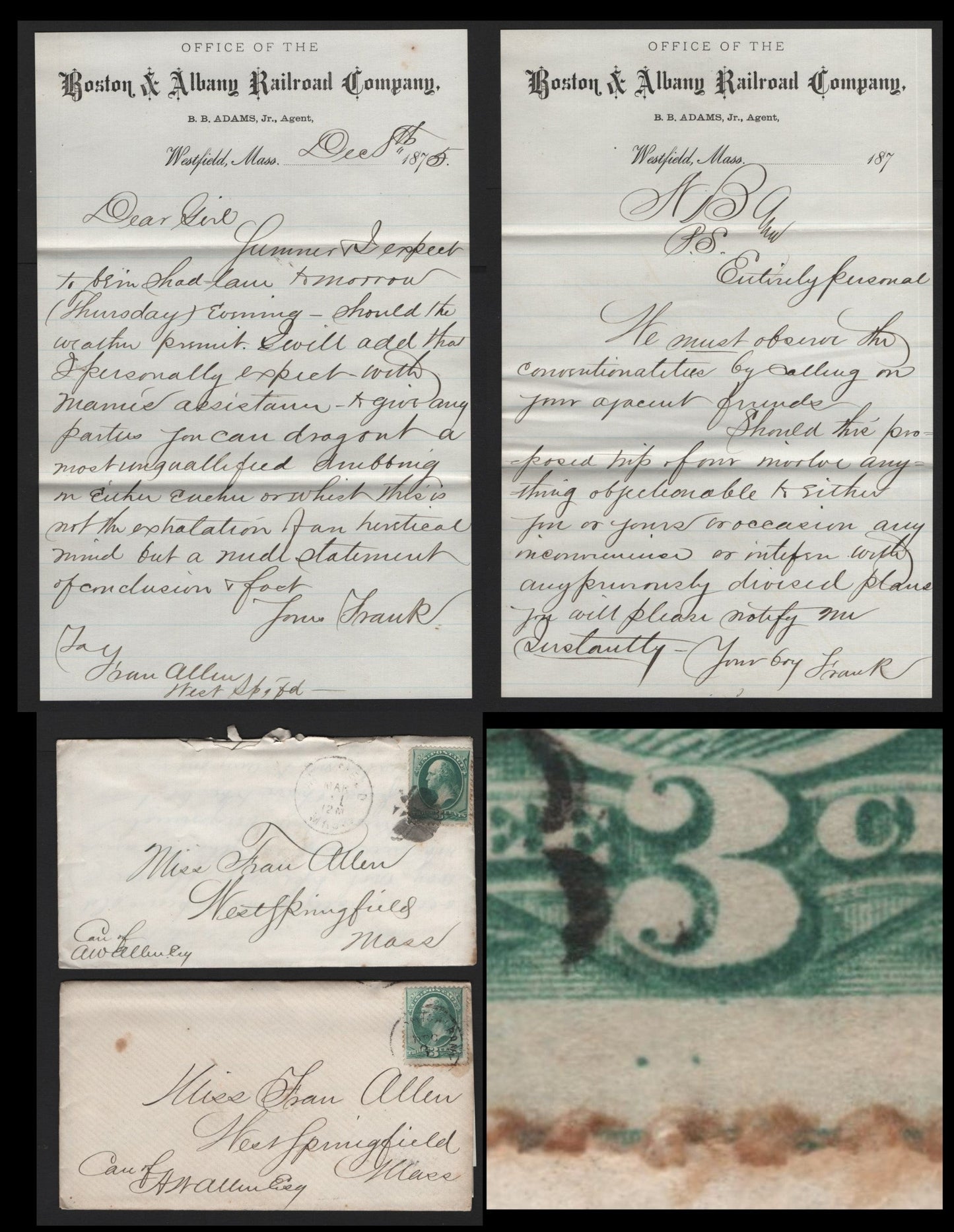 Lot 53 United States SC#158 3c Pale Green , 1870-1871 Large Banknote Issue, 2 Fine Used Covers, Continental Printing, Showing Two Plate Dots Below The 3, Letter From Allen's Cousin Frank Stationary Of The Boston & Albany Railroad Company.