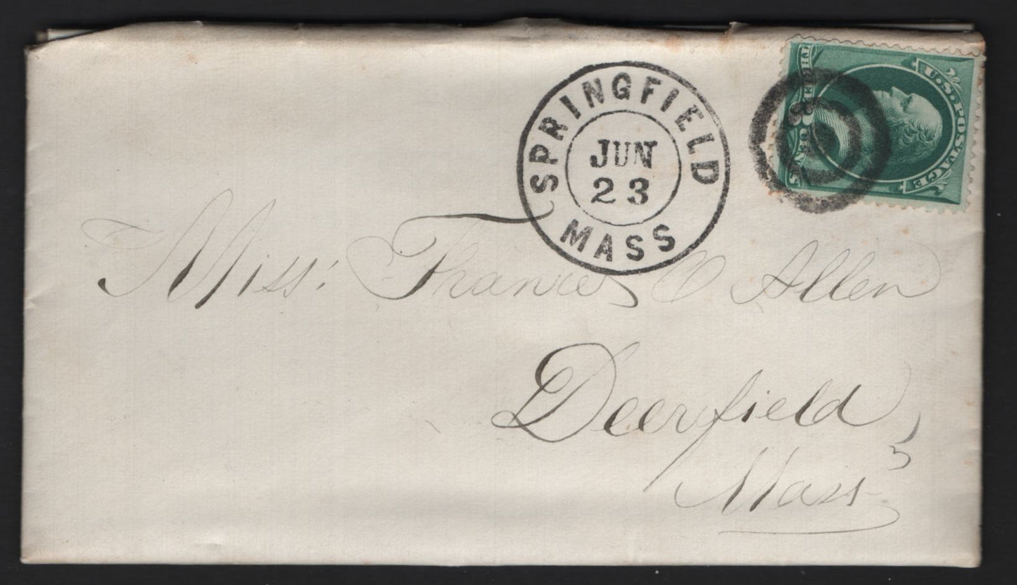 Lot 55 United States SC#158 3c Green , 1870-1871 Large Banknote Issue, A Very Fine Used Cover, Continental Printing On Cover From Springfield, Mass, Cancelled With Wonderfully Clear Strike & Containing A Letter Written IN French