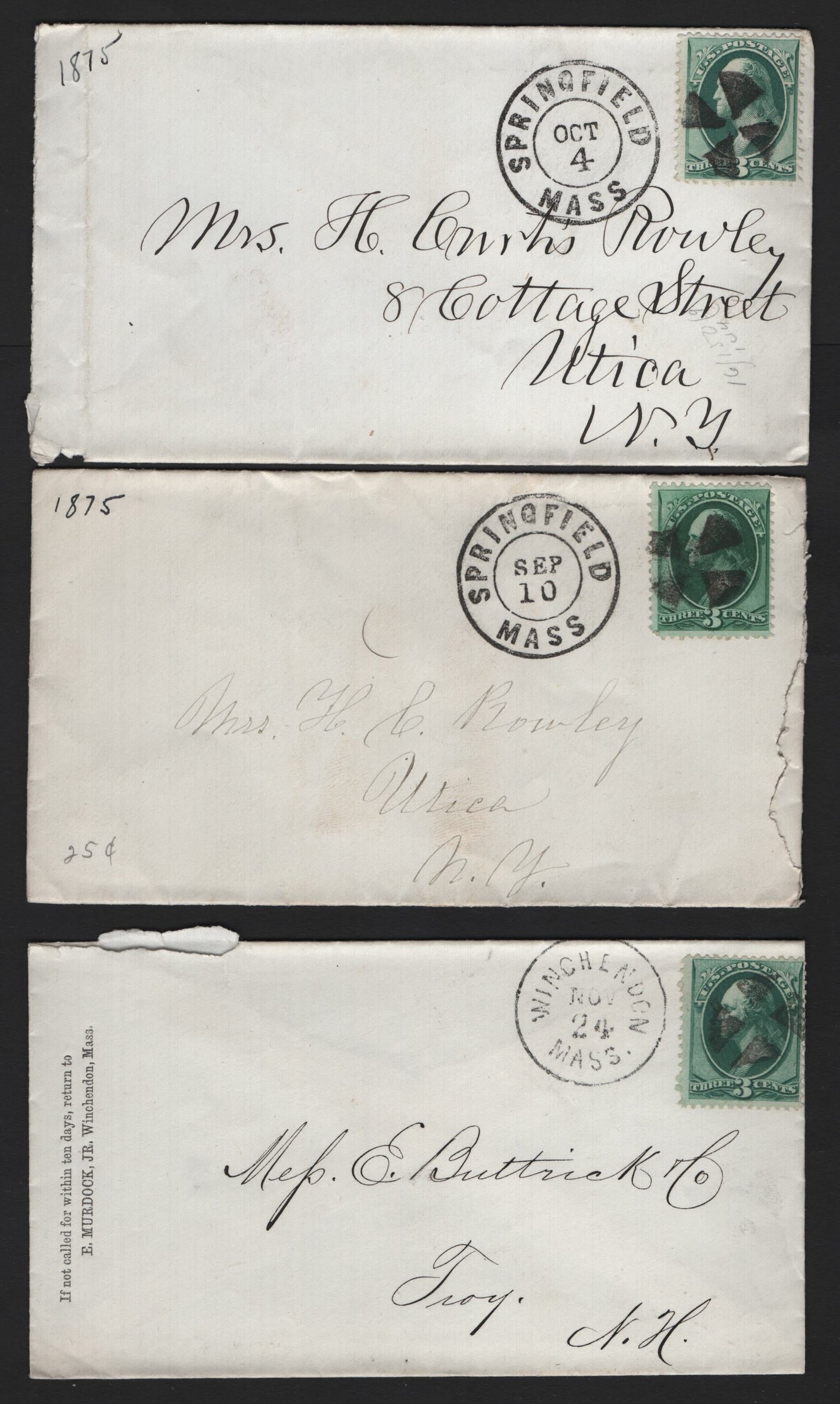 Lot 64 United States SC#158 3c Green , 1870-1871 Large Banknote Issue, 3 Very Fine Used Covers, Continental Printings, Springfield, Mass & Winchenden, Mass, Showing Segmented Cork Duplex Cancels.