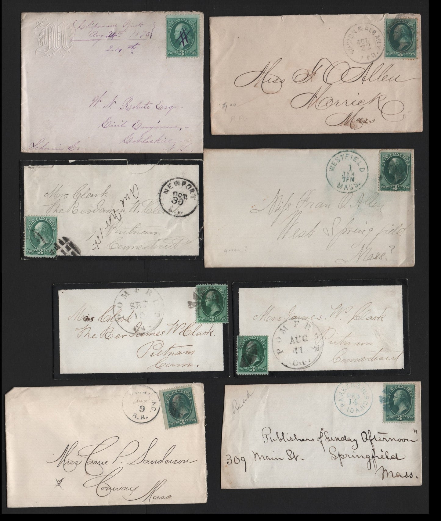 Lot 66 United States SC#158 3c Green , 1870-1871 Large Banknote Issue, 12 Fine/Very Fine Used Covers, Continental Printings, Different Readable Town Cancels, Including Two Mourning Covers From Pomfret, CT.
