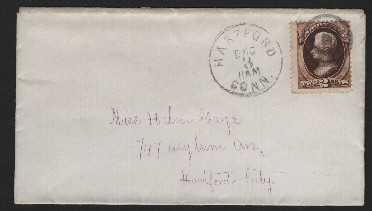 Lot 67 United States SC#157 2c Brown , 1870-1871 Large Banknote Issue, A Fine/Very Fine Used Cover, Continental Banknote Printing, Hartford Within The City (Drop Cover)