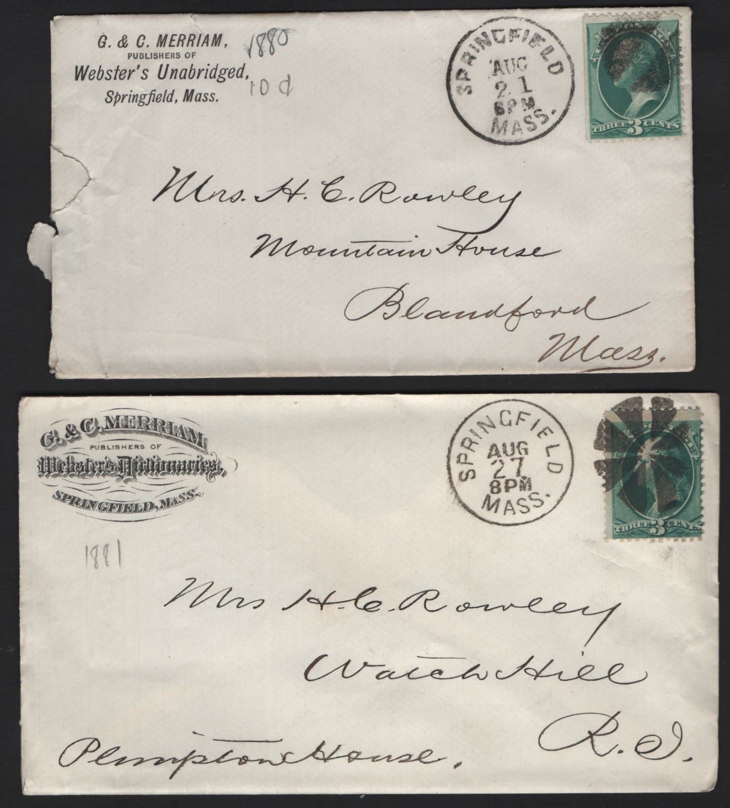Lot 69 United States SC#184 3c Green , 1879 American Banknote Printing Issue, 2 Fine/Very Fine Used Covers, 2 Mirriam Webster Dictionary Corner Card Covers, One Simple Design, One Ornate