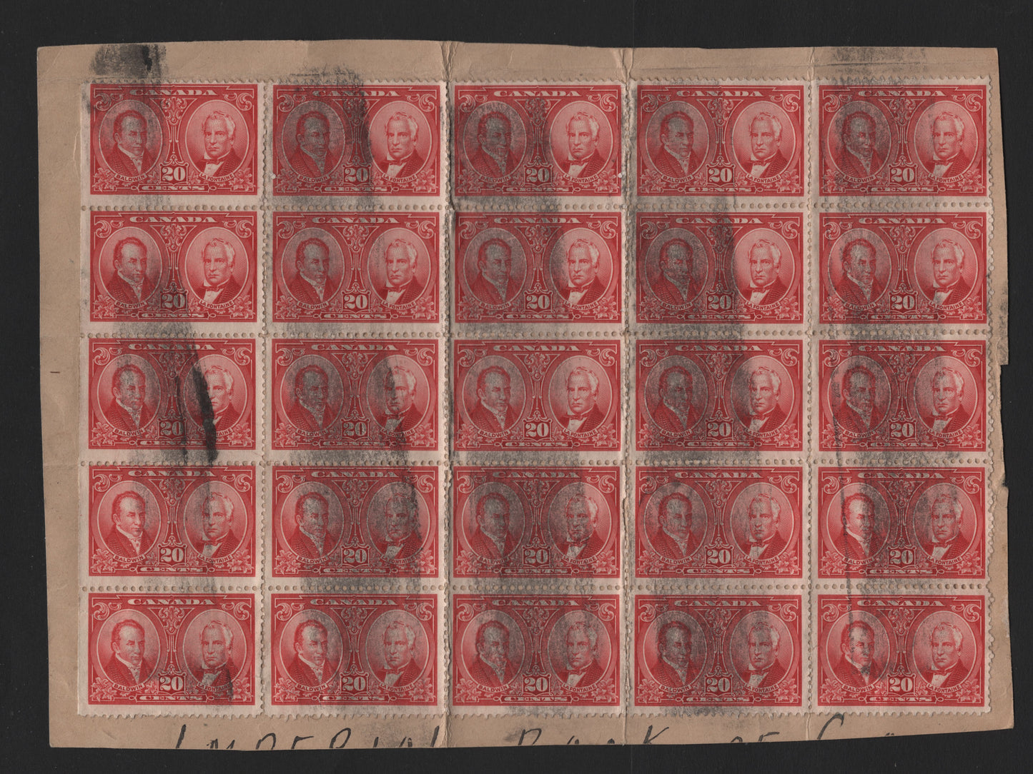 Lot 8 Canada #148 20c Carmine Red , 1927 Historical Issue, A Fine Used Sheet Of 25, Postally Used Half Sheet, From Right Pane, Used On Parcel Fragment To Imperial Bank Of Canada With Typical Parcel Smudge Cancel.