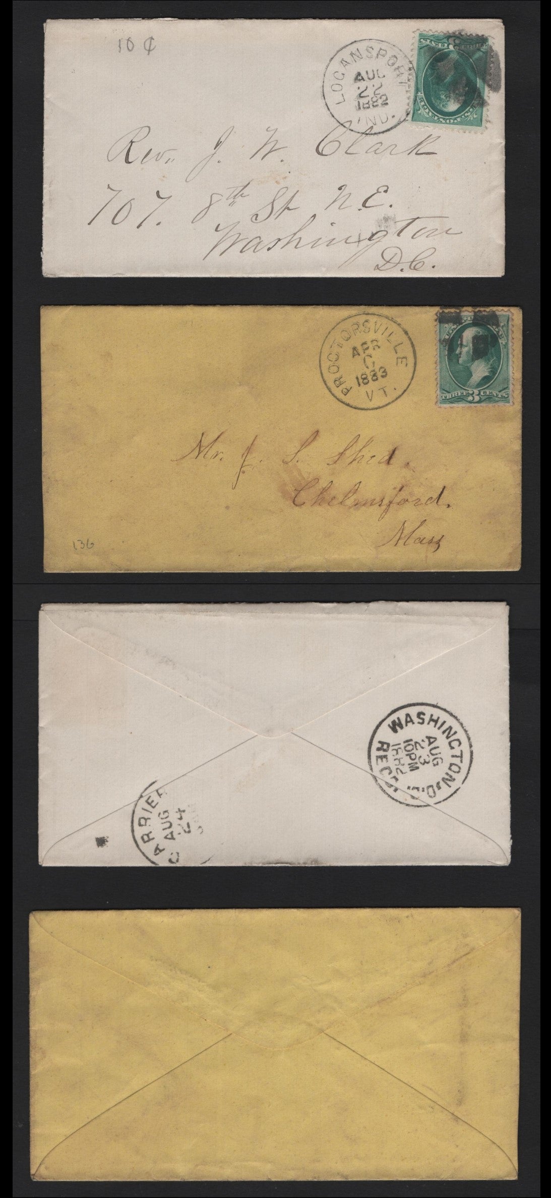 Lot 88 United States SC#207 3c Blue Green , 1881-1882 American Banknote Printing Issue, 2 Fine/Very Fine Used Covers, Re-Engraved 1882 & 1883 Covers, Proctorsville, Vermont To Chelmsford, Mass & Logansport, Indiana To Washington DC