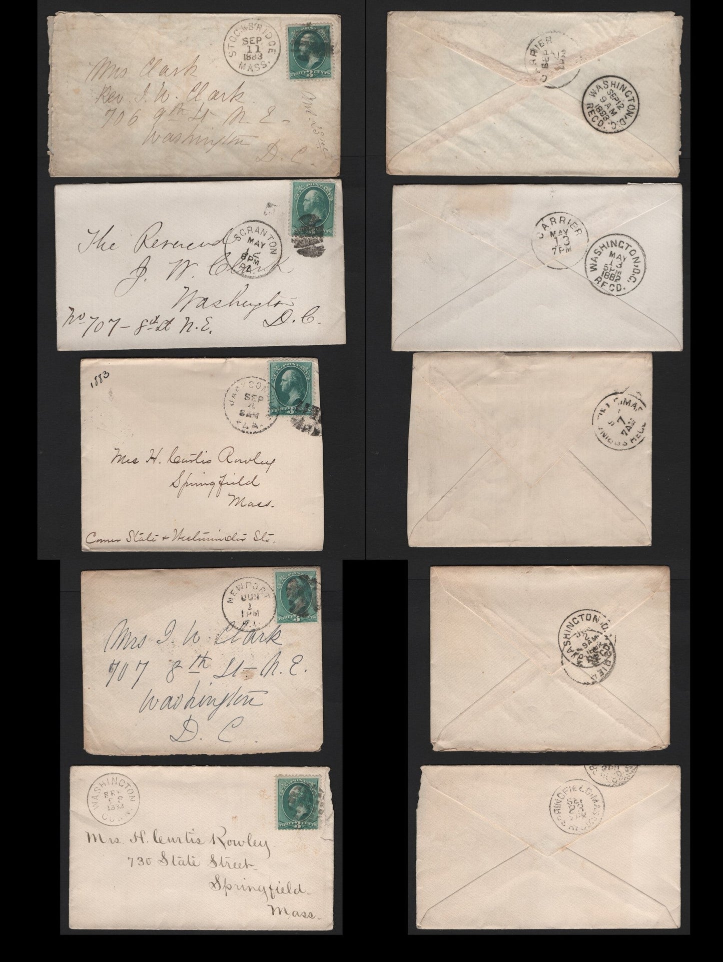 Lot 89 United States SC#207 3c Blue Green , 1881-1882 American Banknote Printing Issue, 5 Fine/Very Fine Used Covers, Re-Engraved, Franked With Various Cork Duplexes