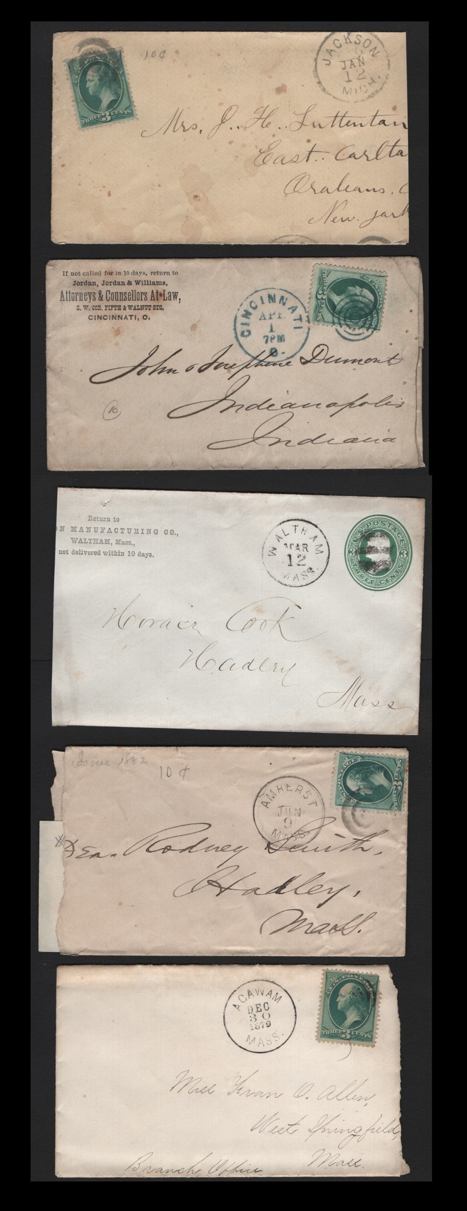 Lot 92 United States SC#U82, 147, 158, 184, 207 3c Green , 1870-1882 National/American Bank Note Issues, 4 Very Good/Fine Used Covers, Hard & Soft Paper Large Banknote Printings, Small Faults Or Standard Cancels, Plus 3c Reay Issue Envelope.