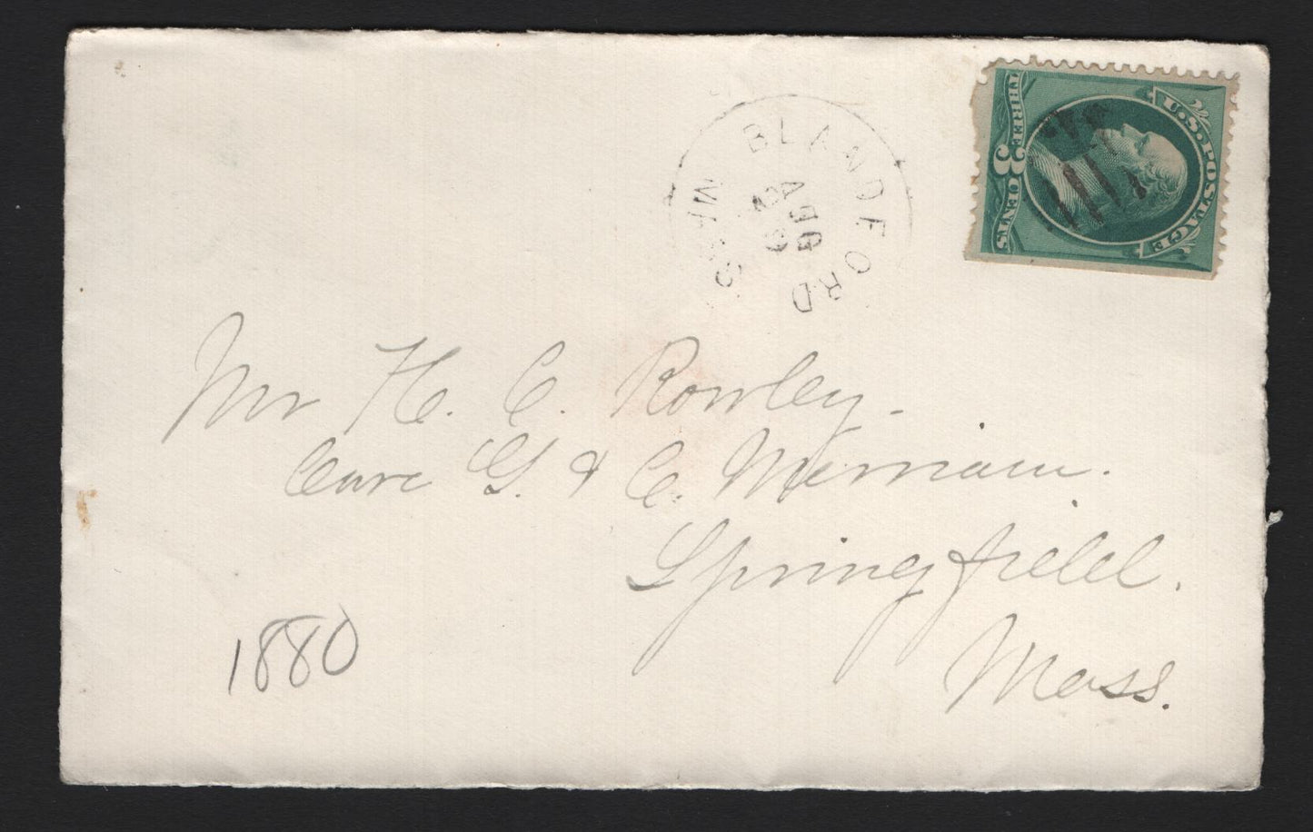 Lot 93 United States Scott#184 3c Deep Green , 1879 American Banknote Printing Issue, A Very Fine Used Cover, ABN Printing, Soft Paper, Blandford Mass to Springfield, Mass, Stamp Showing Missing Perf Pins In Half of Bottom Margin.