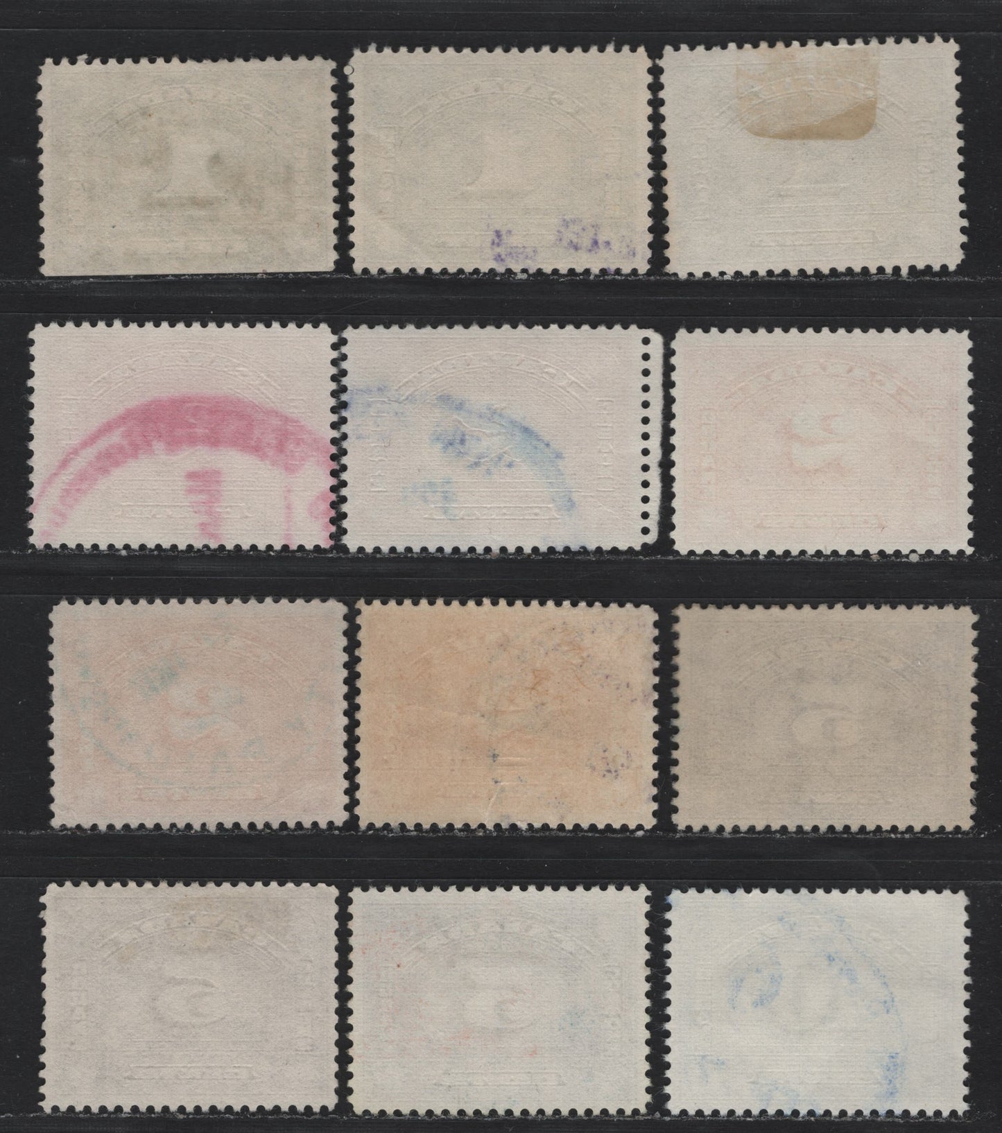 Lot 112 Canada Van Dam#FCD6-9 1c - 10c Dark Green - Blue, 1935 Bilingual Customs Duty Issue, 12 Very Fine Used Singles, Used Group Of Singles, Printed IN Various Shades On Various Papers, Between 1935 & 1965.