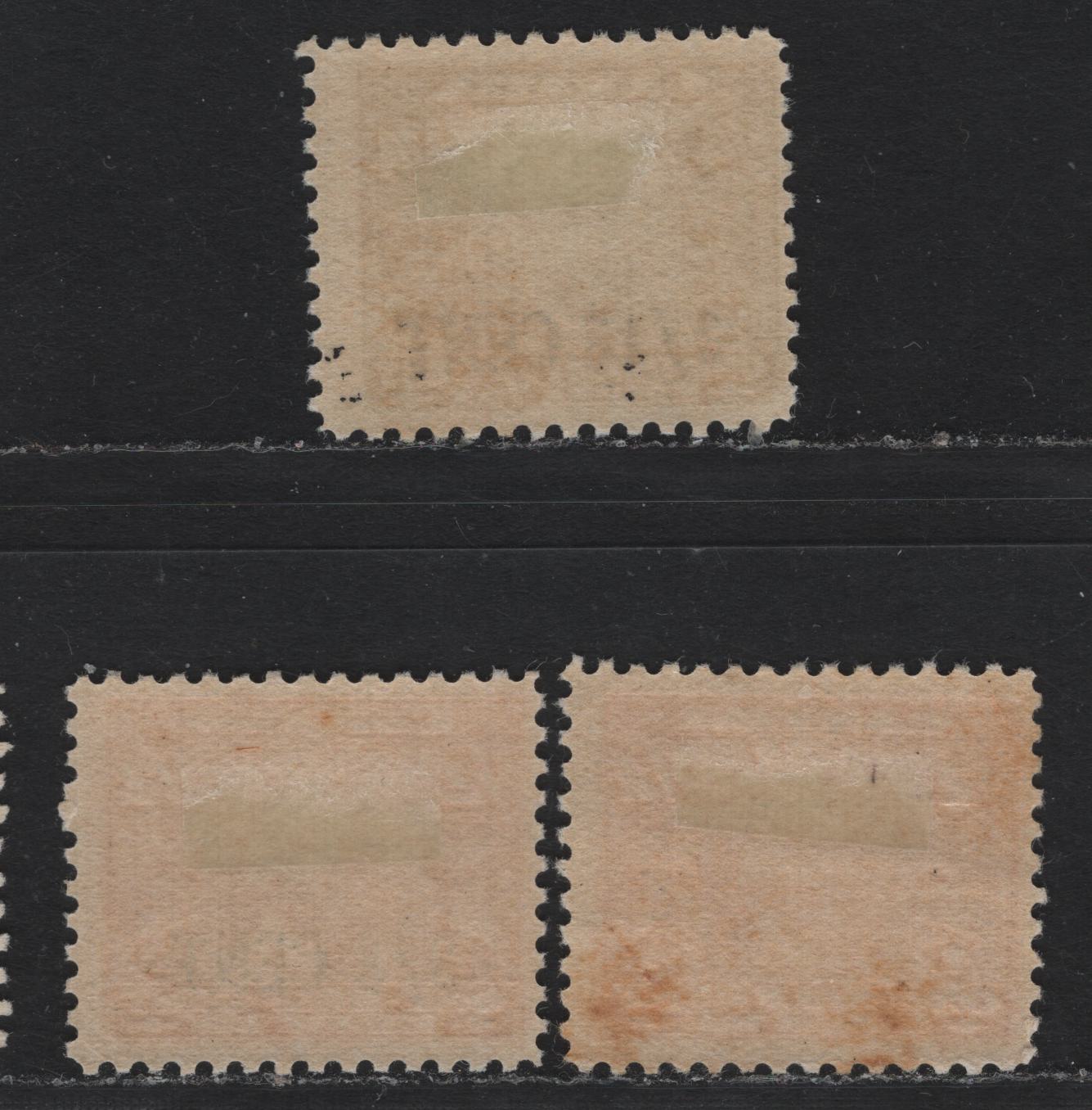 Lot 117 Canada Van Dam#FX2, FX21, FX23 3/16c in 1/4c - 1/2c Olive Green - Carmine, 1915-1923 Excise Tax & Surcharged Issues, 3 FOG Singles