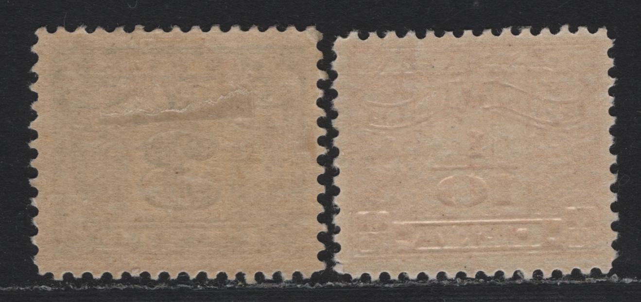 Lot 120 Canada Van Dam#FX34, FX38 1/10c - 3c Carmine - Blue, 1925-1928 Two Leaf Excise Tax Issue, 2 VFOG Singles, Dry Printings, 3c Having Jumbo Margins