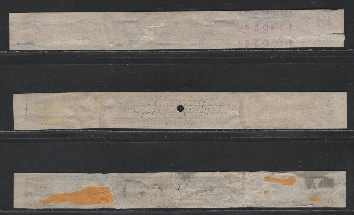 Lot 150 Canada Ryan#RP879, RP1170, RP1252 1/14lb, 2c on 1/14lb & 4c on 2c on 1/15lb Black, 1935-1942 Series C Tobacco Stamps, 3 VG/FOG Singles, Moderate Creasing On 1/14lb, Extensive Creasing On 1/15lb