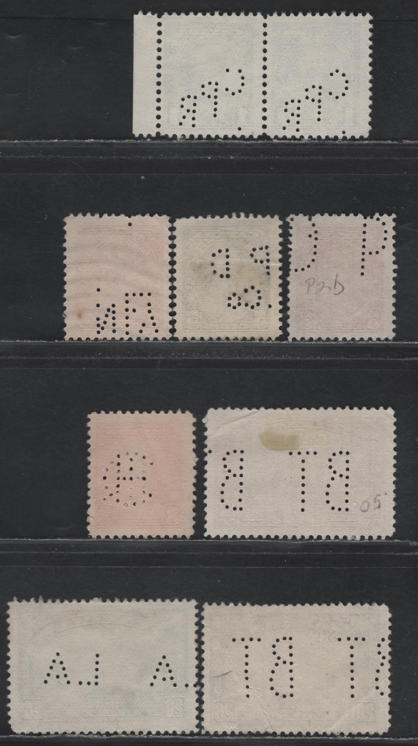 Lot 268 Canada SC#217, 219, 221, 223i, 225 1c-20c Green - Olive Green King George V - Niagara Falls, 1935-1937 Dated Die Issue, 7 Fine & VF Used Singles & A Pair With Various Perfins