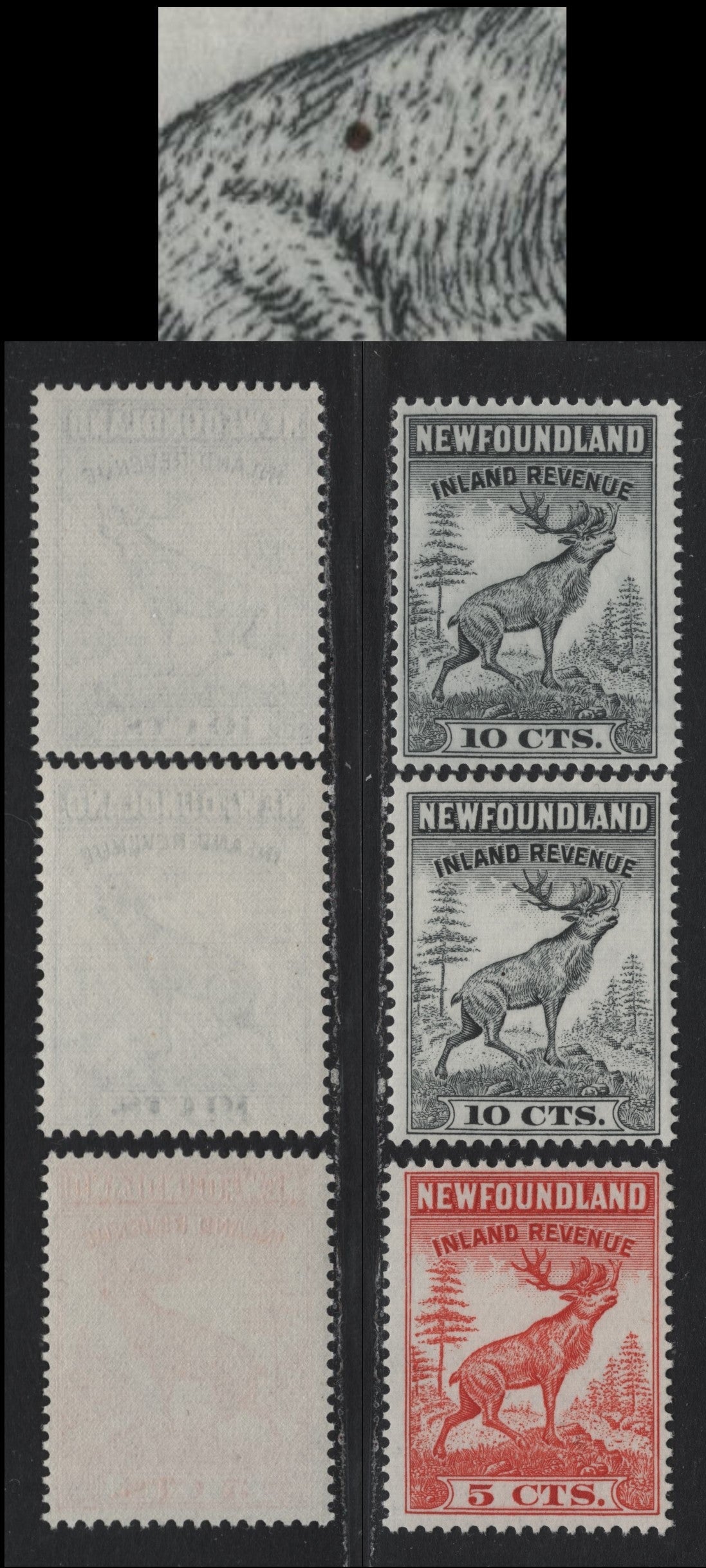Lot 35 Newfoundland (C) Van Dam#NFR46, NFR47, NFR47var 5c - 10c Red - Black, 1946 Caribou Issue, 3 F/VFNH Singles, Perf 13.25x13.5, 10c On High Fluorescent Paper, One Showing Unlisted Bullet Hole In Caribou.