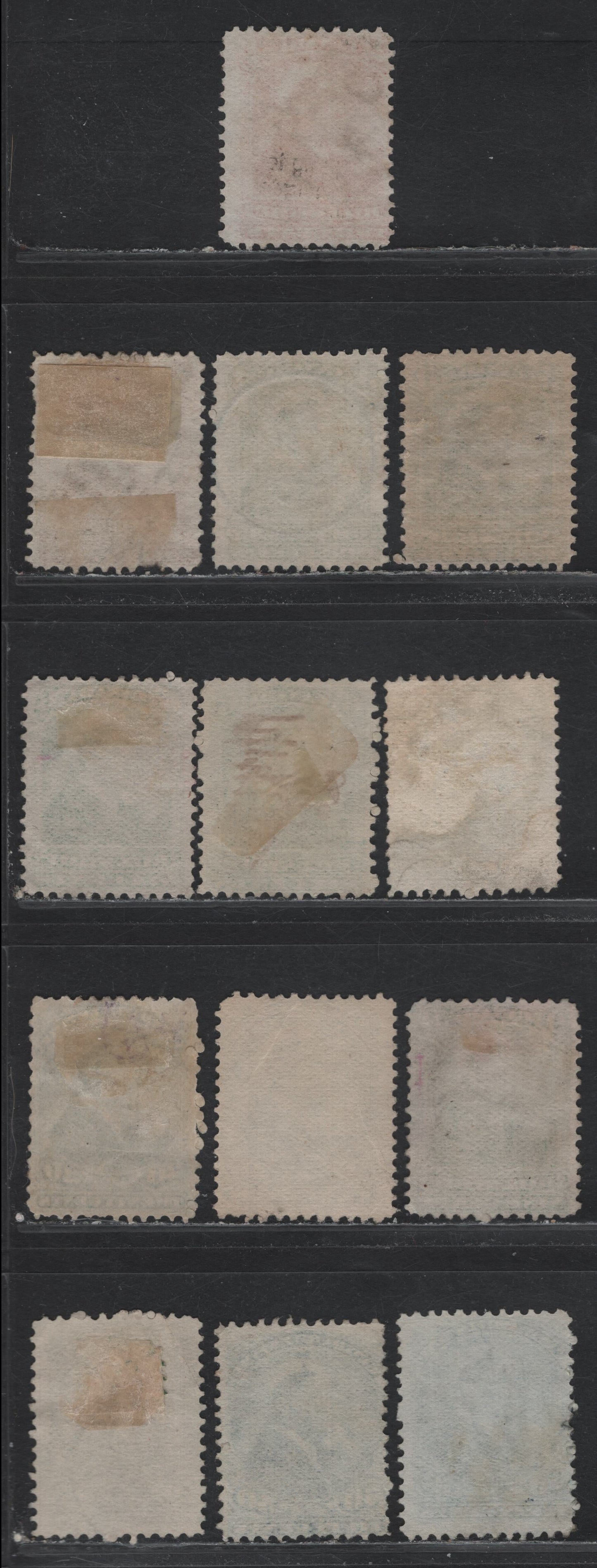 Lot 84 Canada Van Dam#FB39-41, FB43, FB46-48, FB51 2c - 50c Orange - Blue/Light Blue, 1868 Third Bill Issue, 13 Very Good/Fine/Very Fine Used Singles, Perf 11.75x12, Stout & Thick Horizontal Wove Papers, Some Shade Variations.