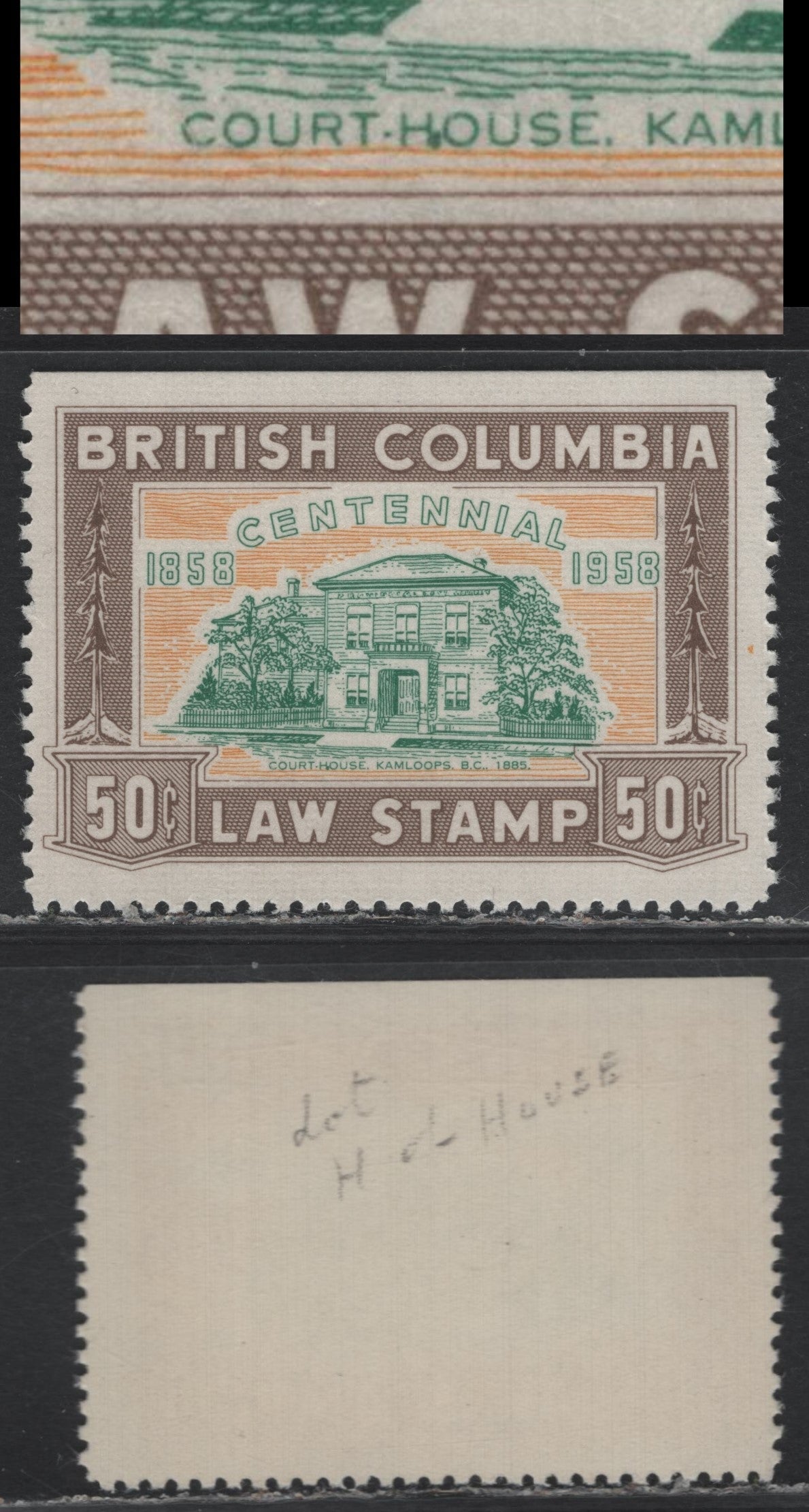 Lot 9 Canada - BC (C) Van Dam#BCL48 50c Brown, Orange & Green, 1958 Centennial Issue, A VFNH Single, Dot On H Of 'House', Probably Constant & Unlisted Plate Variety, Province Of British Columbia.