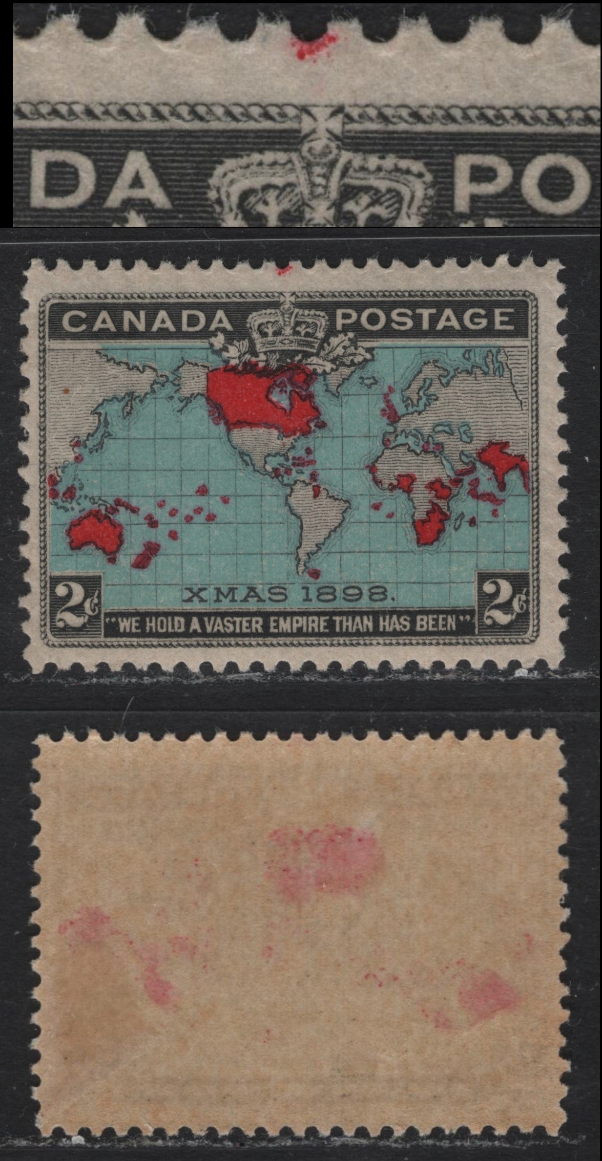 Lot 12 Canada (C) #86b Black, Deep Aniline Red & Pale Prussian Blue , 1898 Imperial Penny Postage Issue, A VFOG Single, ABN-Y Paper, Perf 11.9, Showing Errant Red Spot In Upper Margin Above Crown.