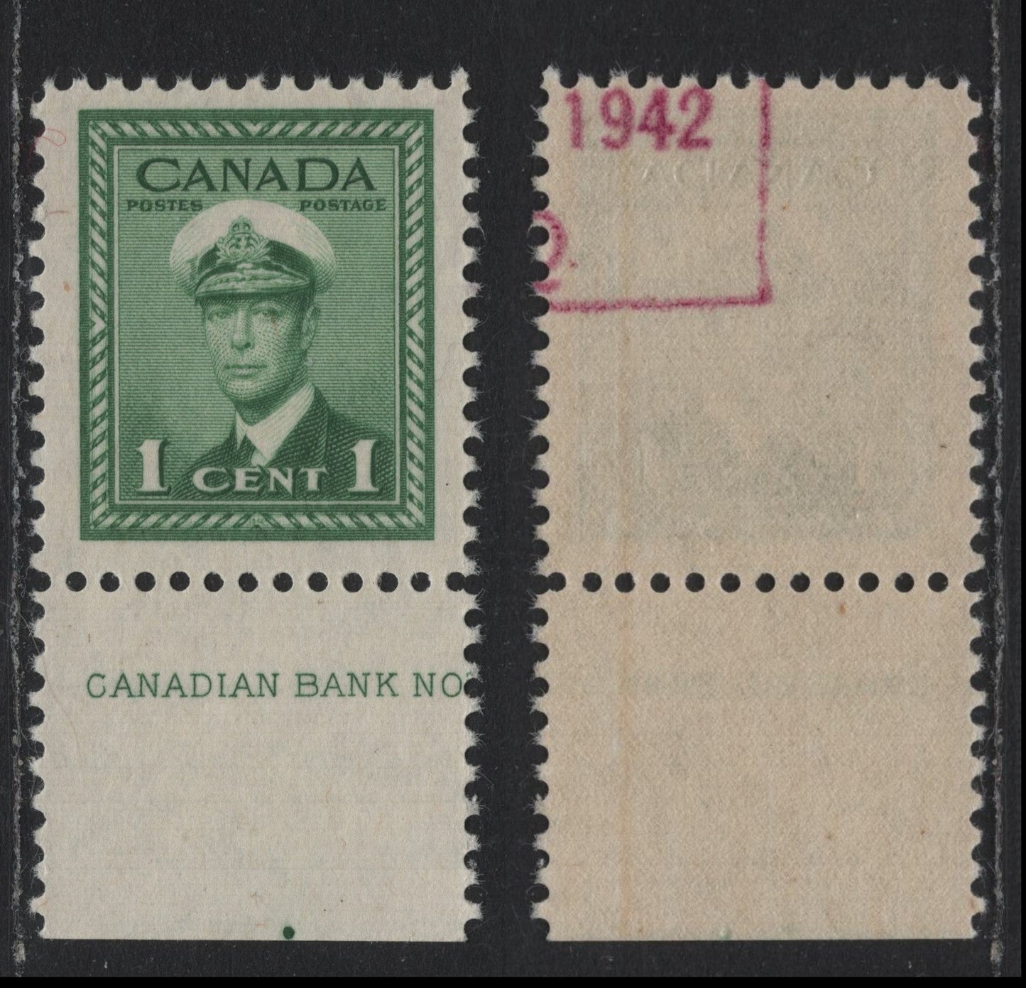 Lot 354 Canada #249var 1c Green , 1942-1943 KGVI War Issue, A VFNH Single, Imprint Single, CBN-OOOO Paper, Partial 1942 Boxed Violet Handstamp Applied To The Gum Side, Interesting.