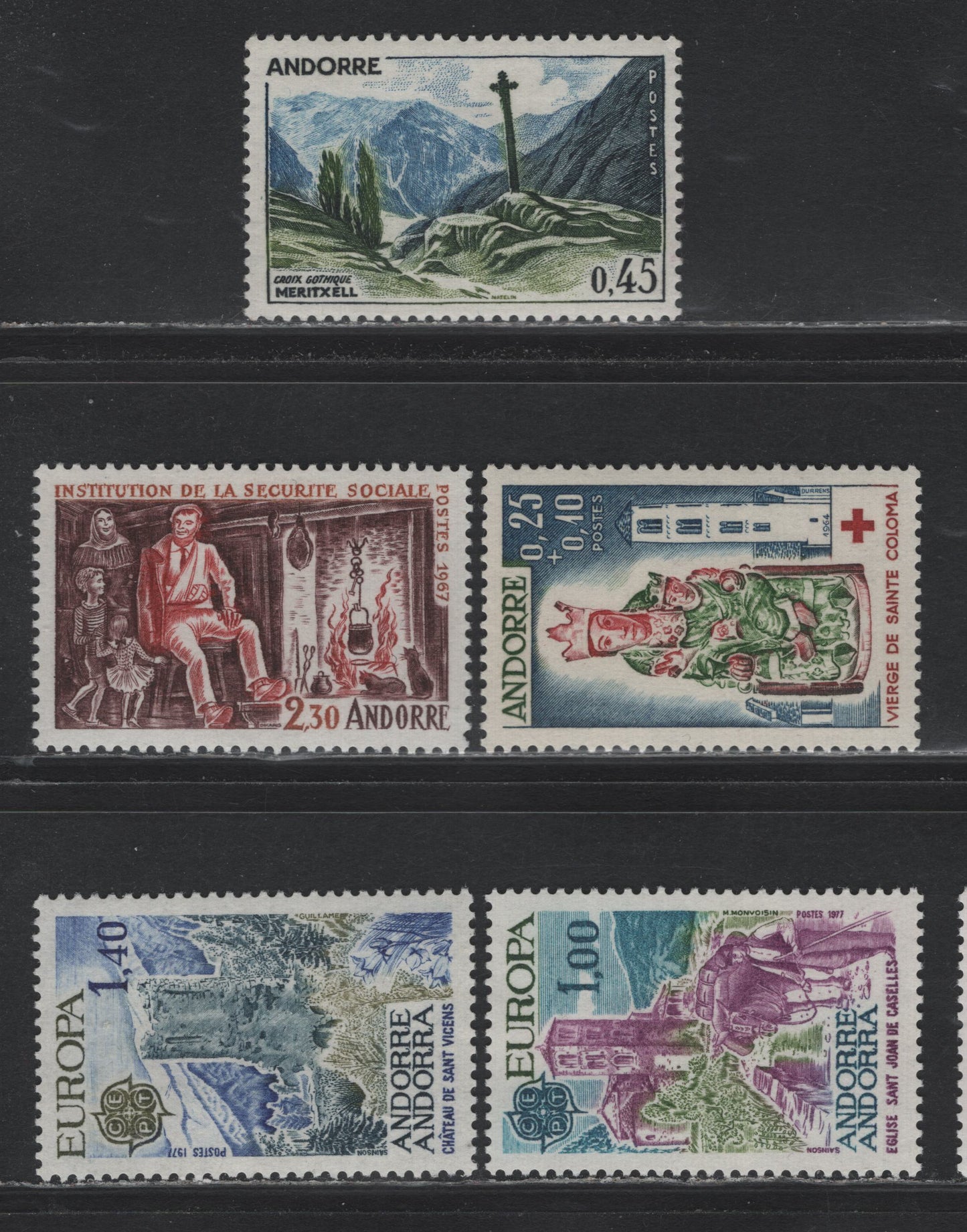 Lot 341 Andorra - French Admin (C) Scott#149, 177, 254-255, B1 45c - 25c+40c Indigo, Blue & Green - Multicolored , 1961-1977 Pictorials - Europa Issues, 5 VFOG/NH Singles, B1 1964 Semi Postal Is NH
