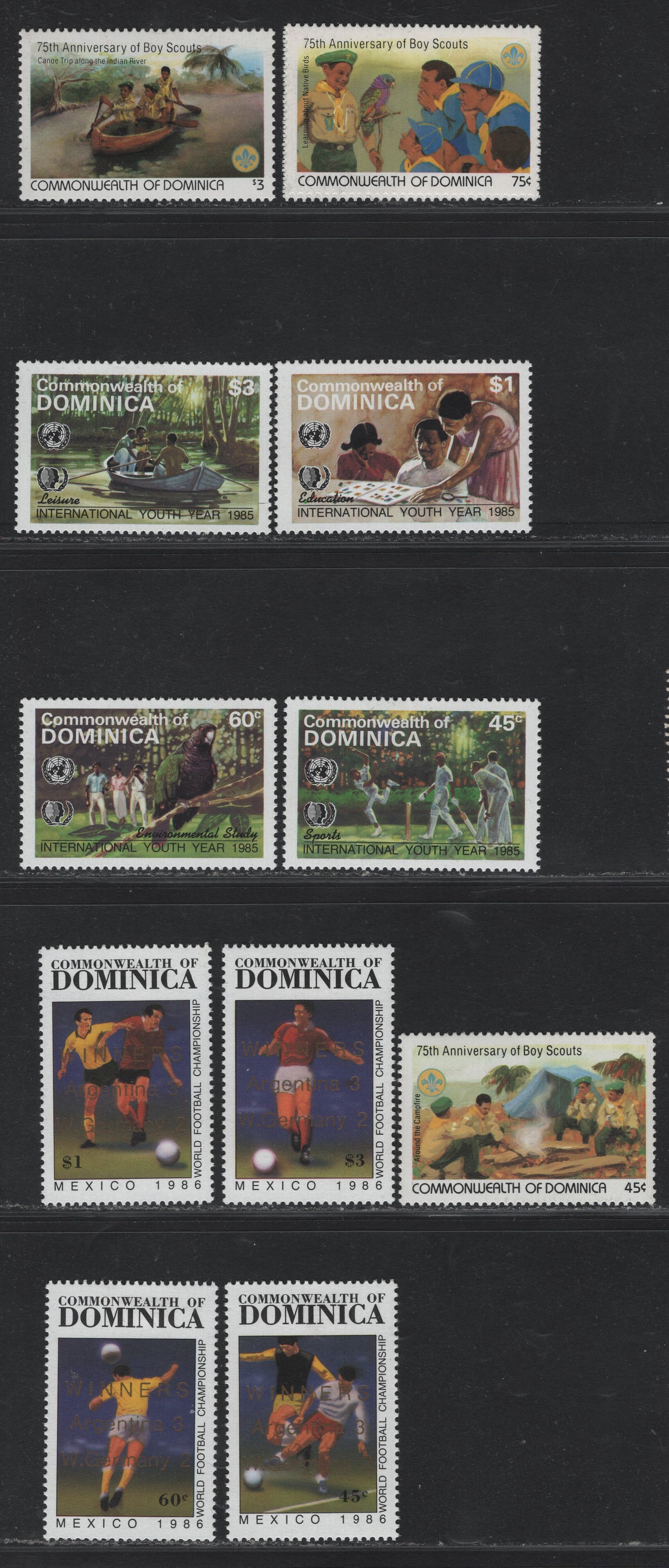Lot 350A Ireland (C) Gibbons#901-904, 974-978, 777-780 45c - $3 Multicolored , 1982-1986 75th Anniv of Gibbonsouts - World Cup Winners Issues, 11 VFOG Singles