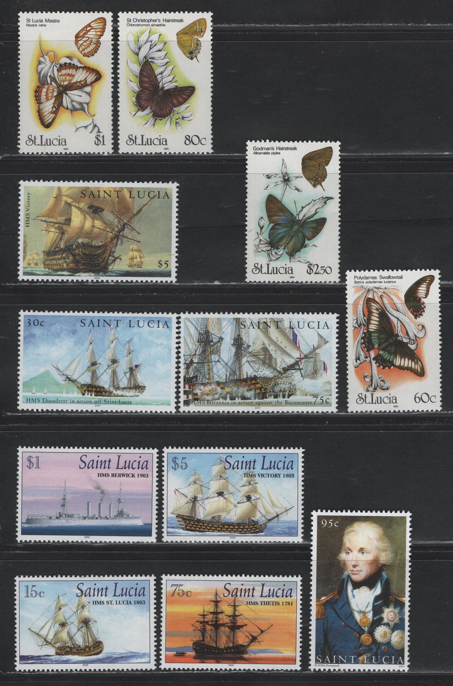 Lot 391 Saint Lucia (C) SC#981-984, 1151-1154, 1206-1209 60c - $5 Multicolored , 1991-2005 Butterflies - Bicentenary Of Battle of Trafalger Issues, 12 VFNH Singles