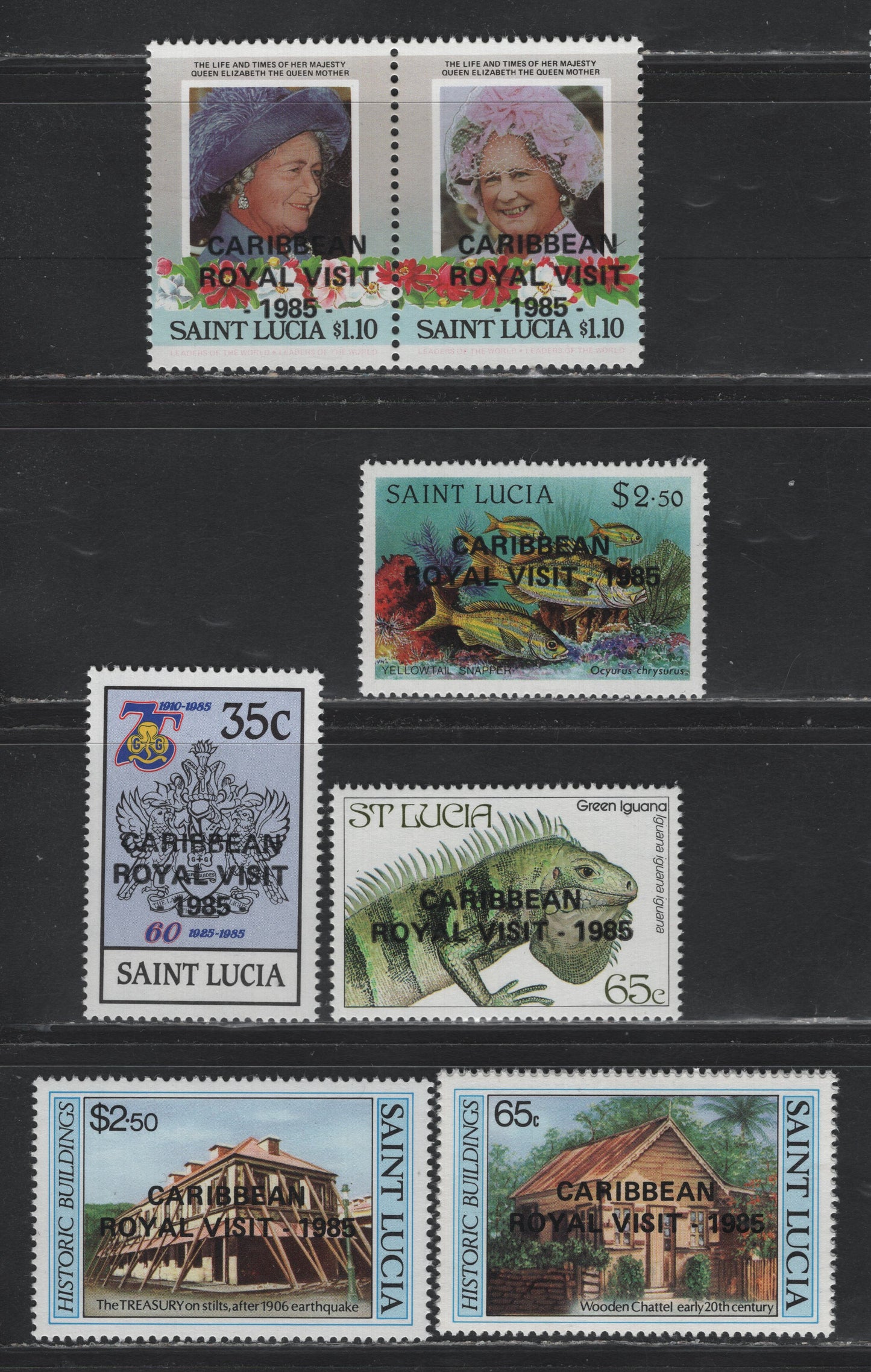 Lot 392 Saint Lucia (C) SC#796-802 35c - $2.5 Multicolored , 1985 Carribean Royal Visit Overprinted Issue, 6 VFNH Singles & Pair