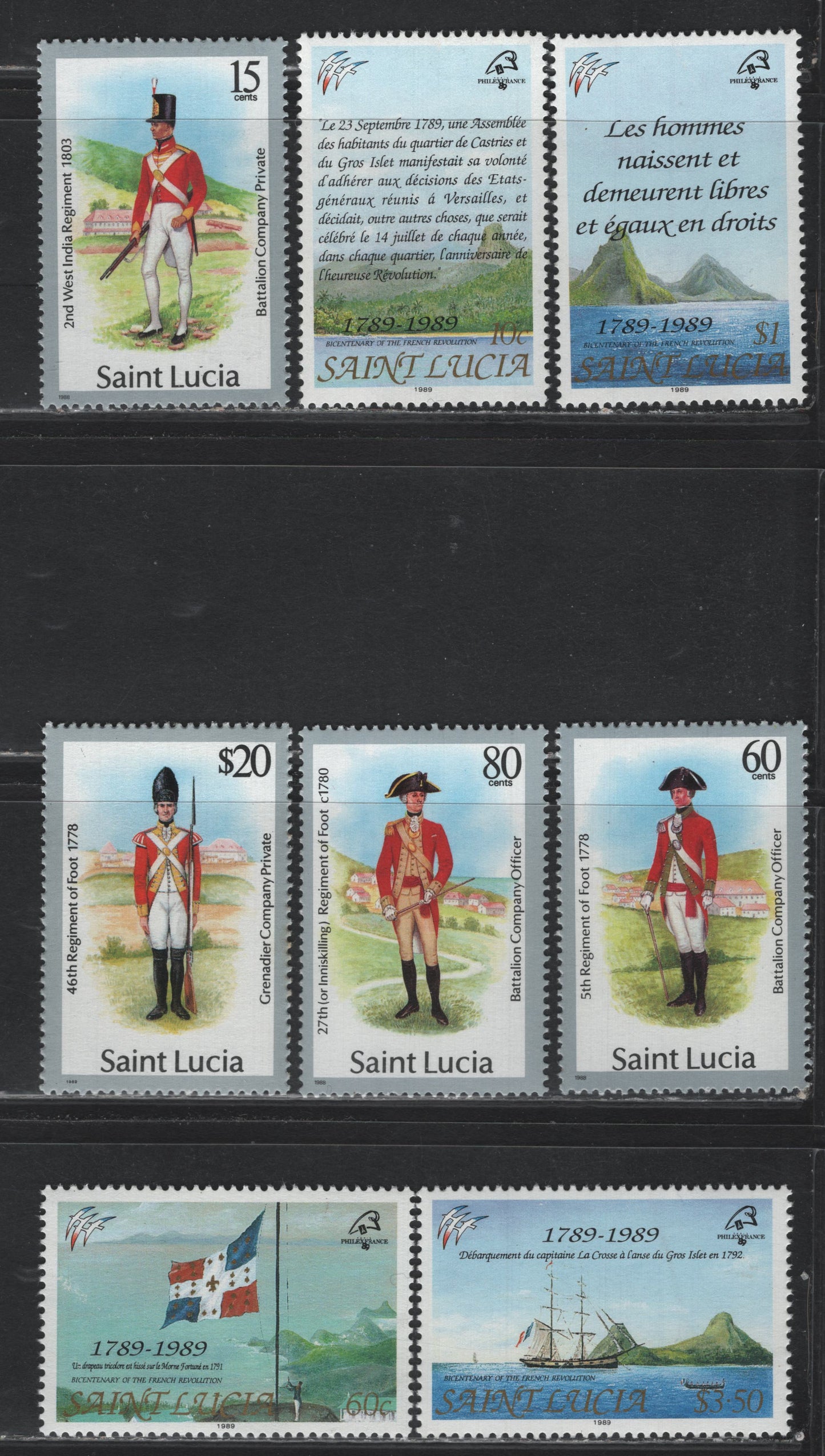 Lot 393 Saint Lucia (C) SC#876a-879a, 942-945 Multicolored , 1988 Uniforms Definitives - Philex France Issue, 8 VFNH Singles, 1988 & 1989 Imprints