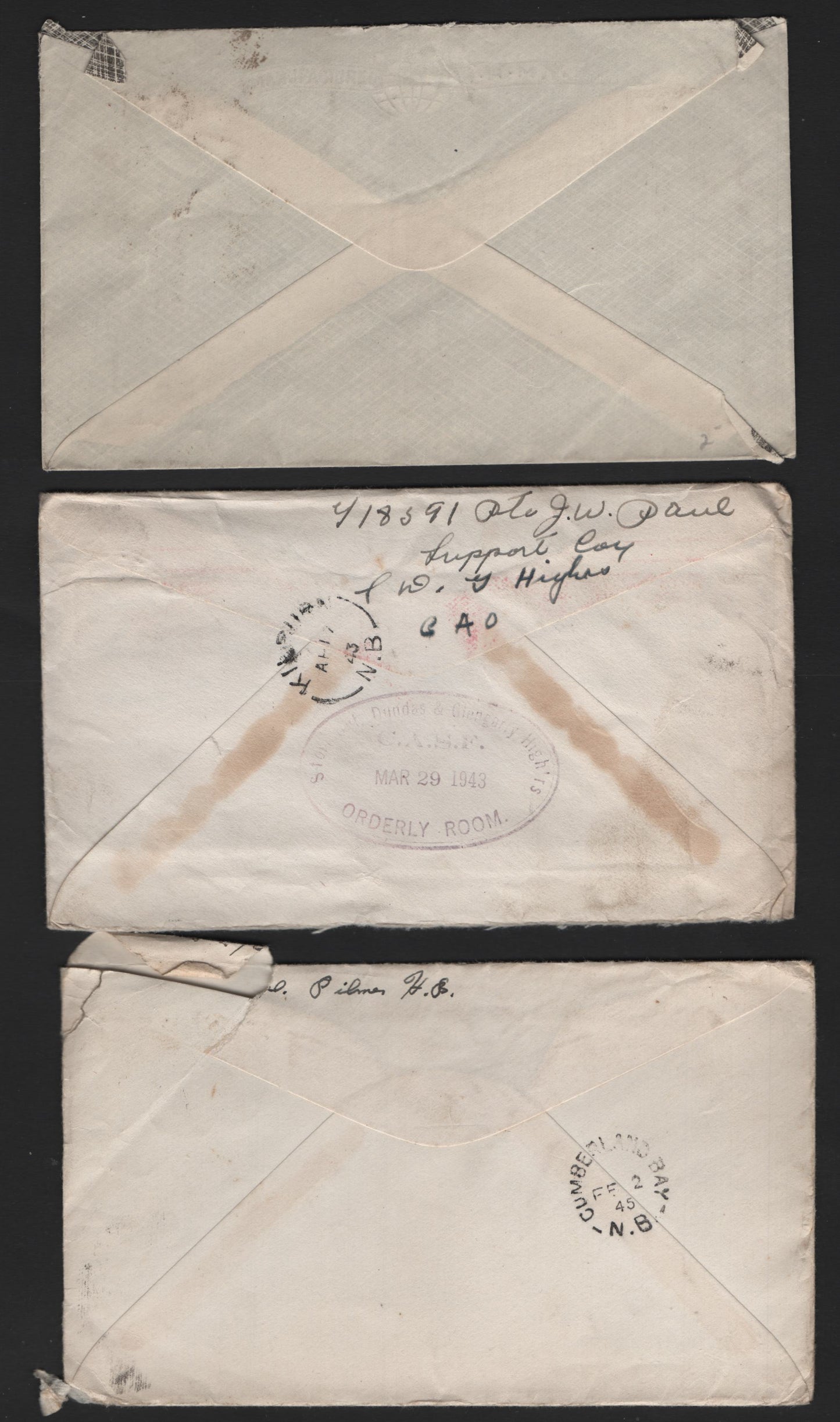 Lot 303 India & Great Britain Three World War II Field Post Free Frank Letters to Canada